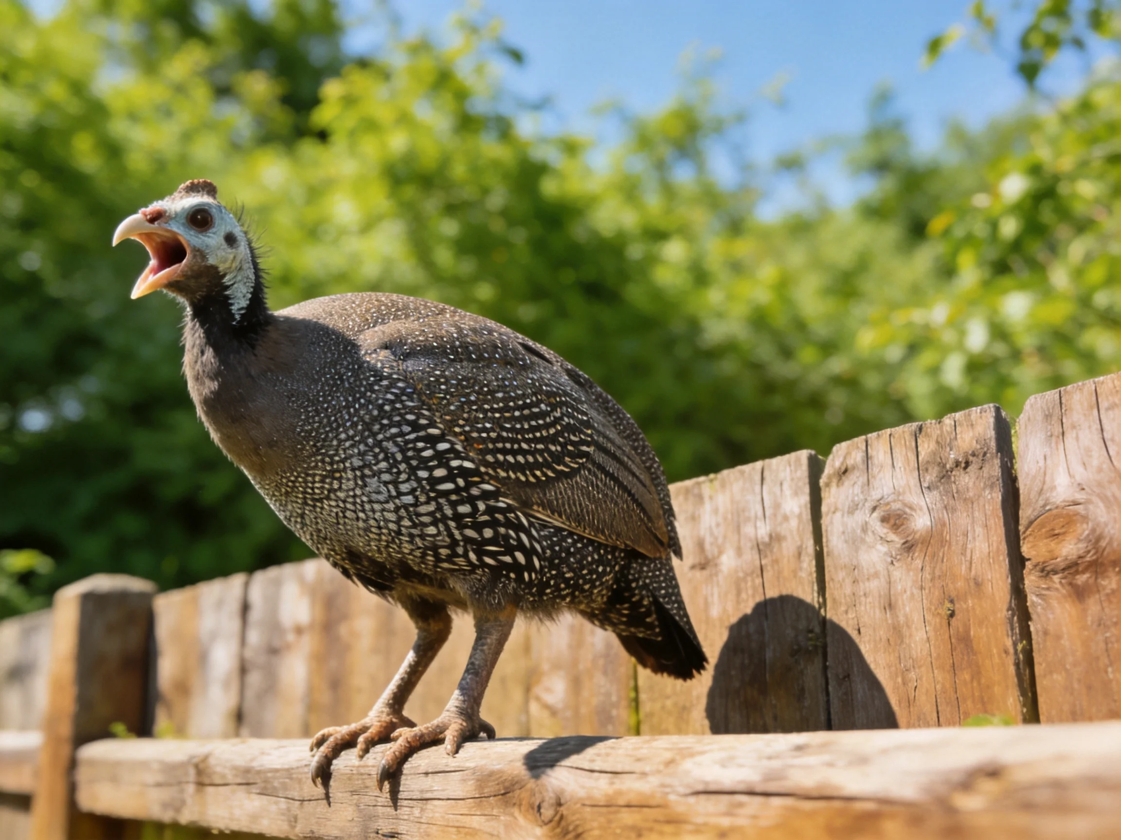 A speckled guinea fowl perched on a weathered wooden fence