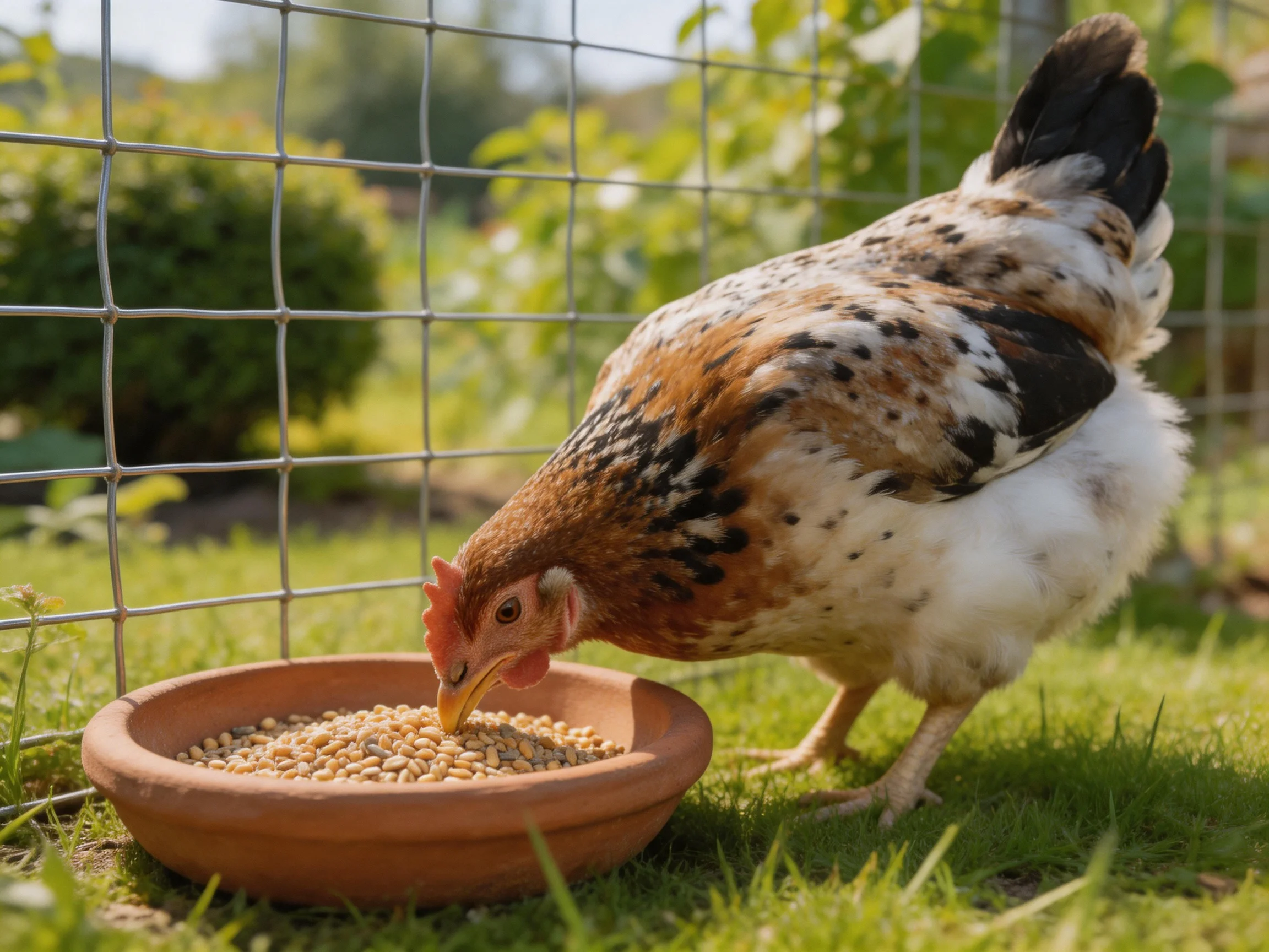 A speckled hen eats seeds from a terracotta dish next to a wire fence