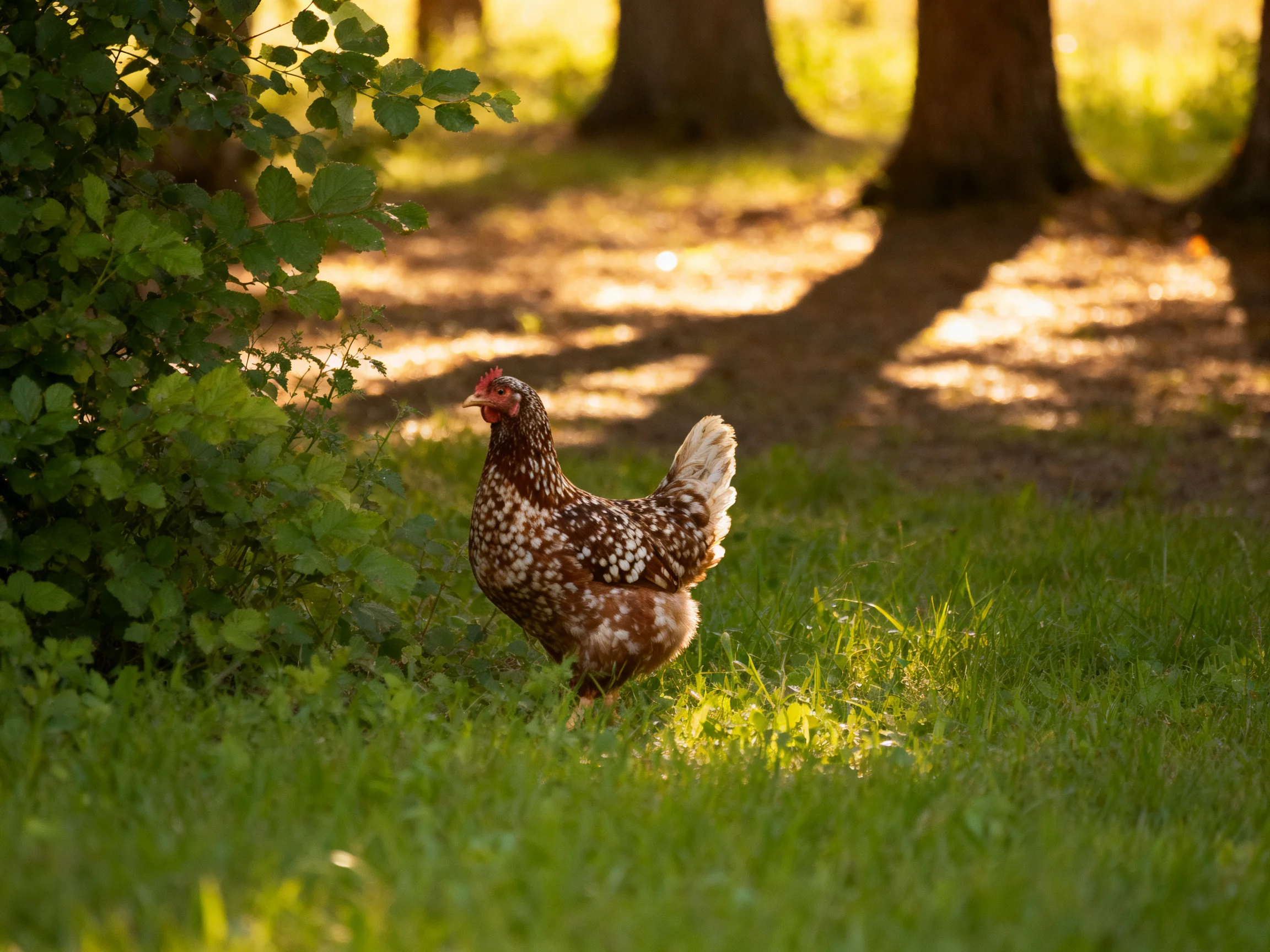 A speckled hen forages near lush foliage and sun-dappled forest paths