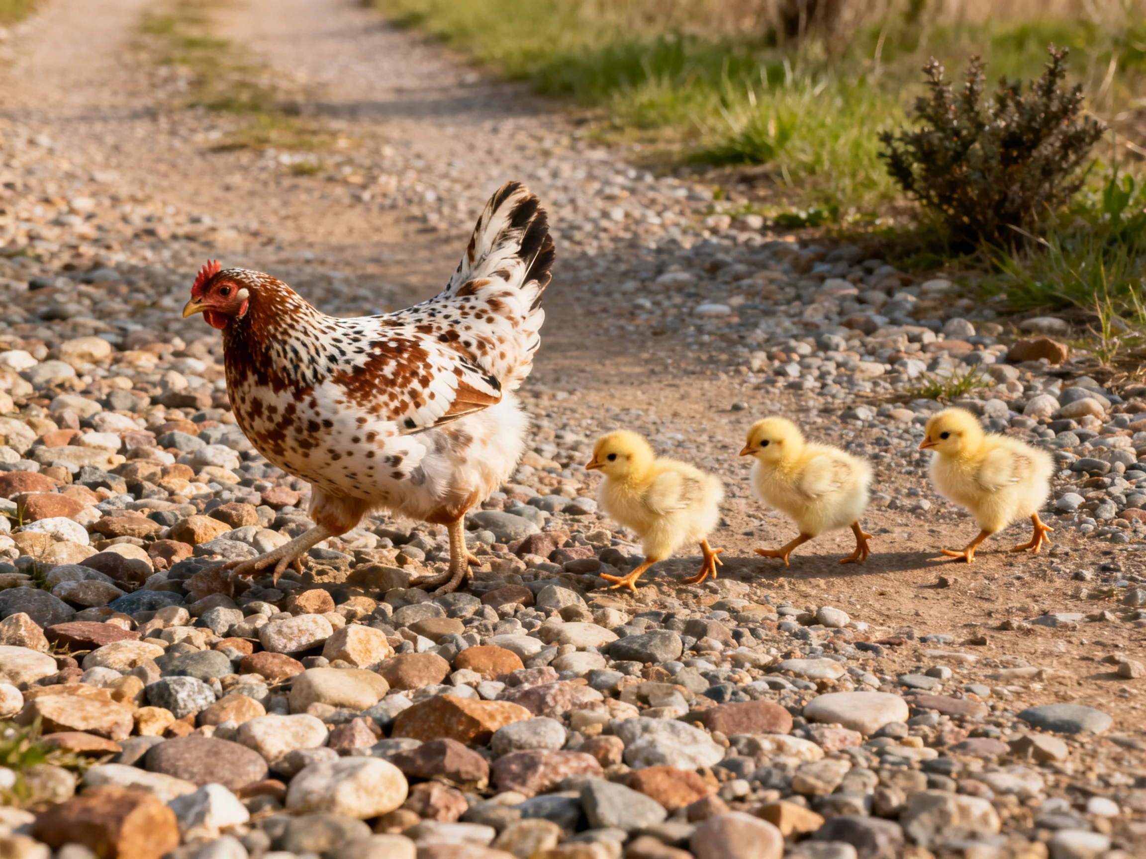 A speckled hen leads three yellow chicks across a rocky dirt path