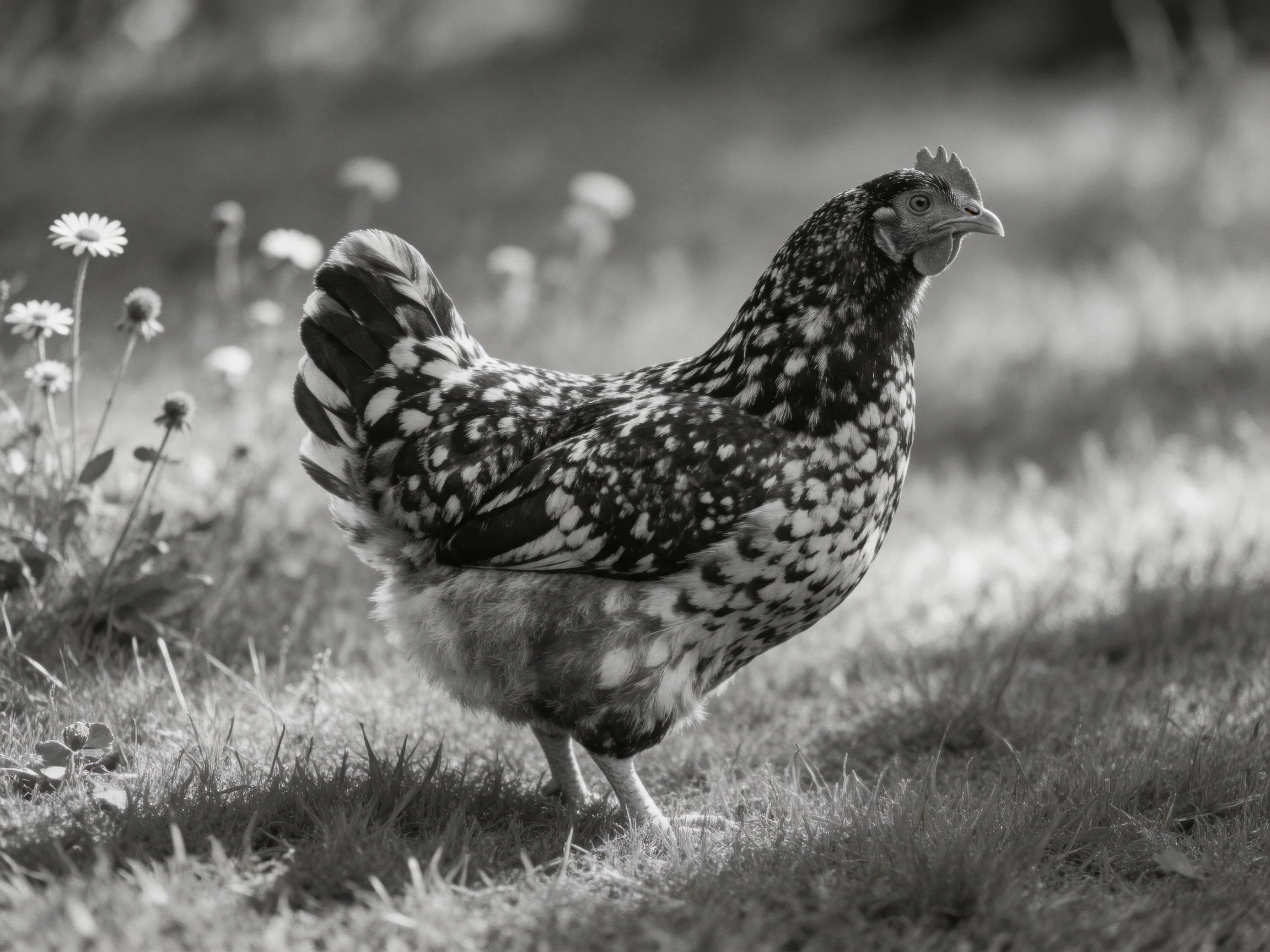 A speckled hen stands amid grass and wildflowers in a monochrome landscape
