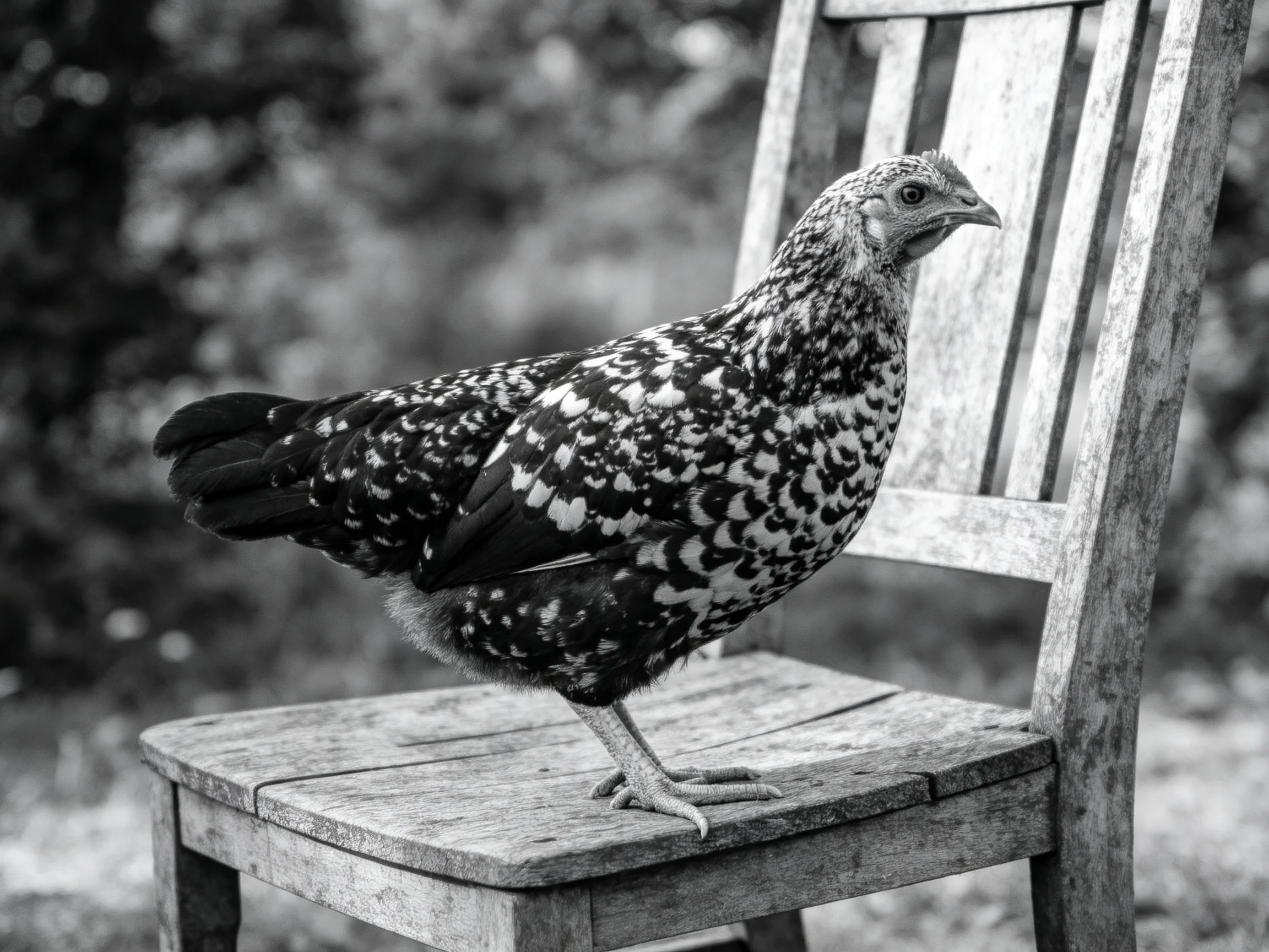 A speckled hen stands on an aged wooden chair