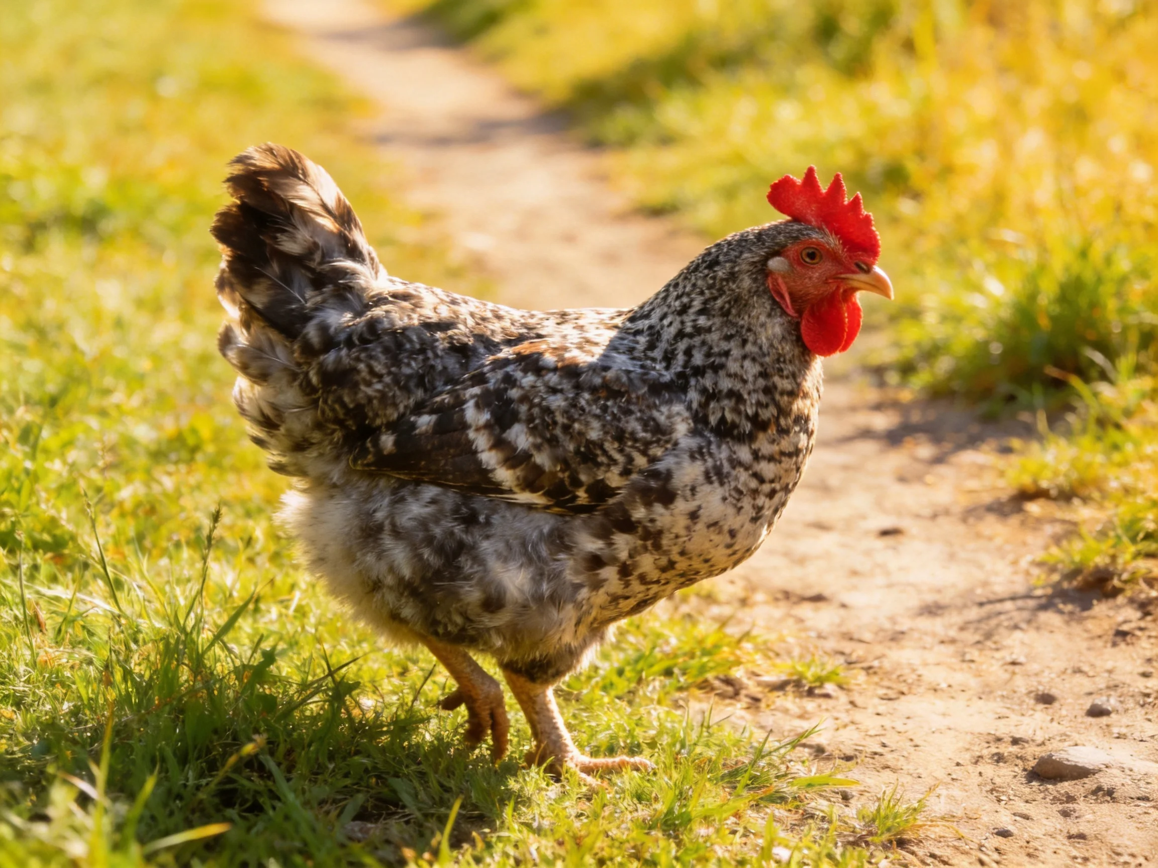 A speckled hen with a bright red comb roams a sunlit dirt path amid grass