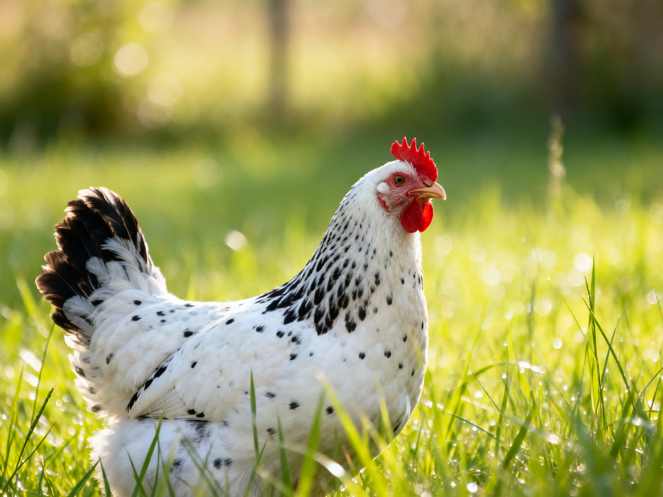A speckled hen with a red comb explores sunlit green grass