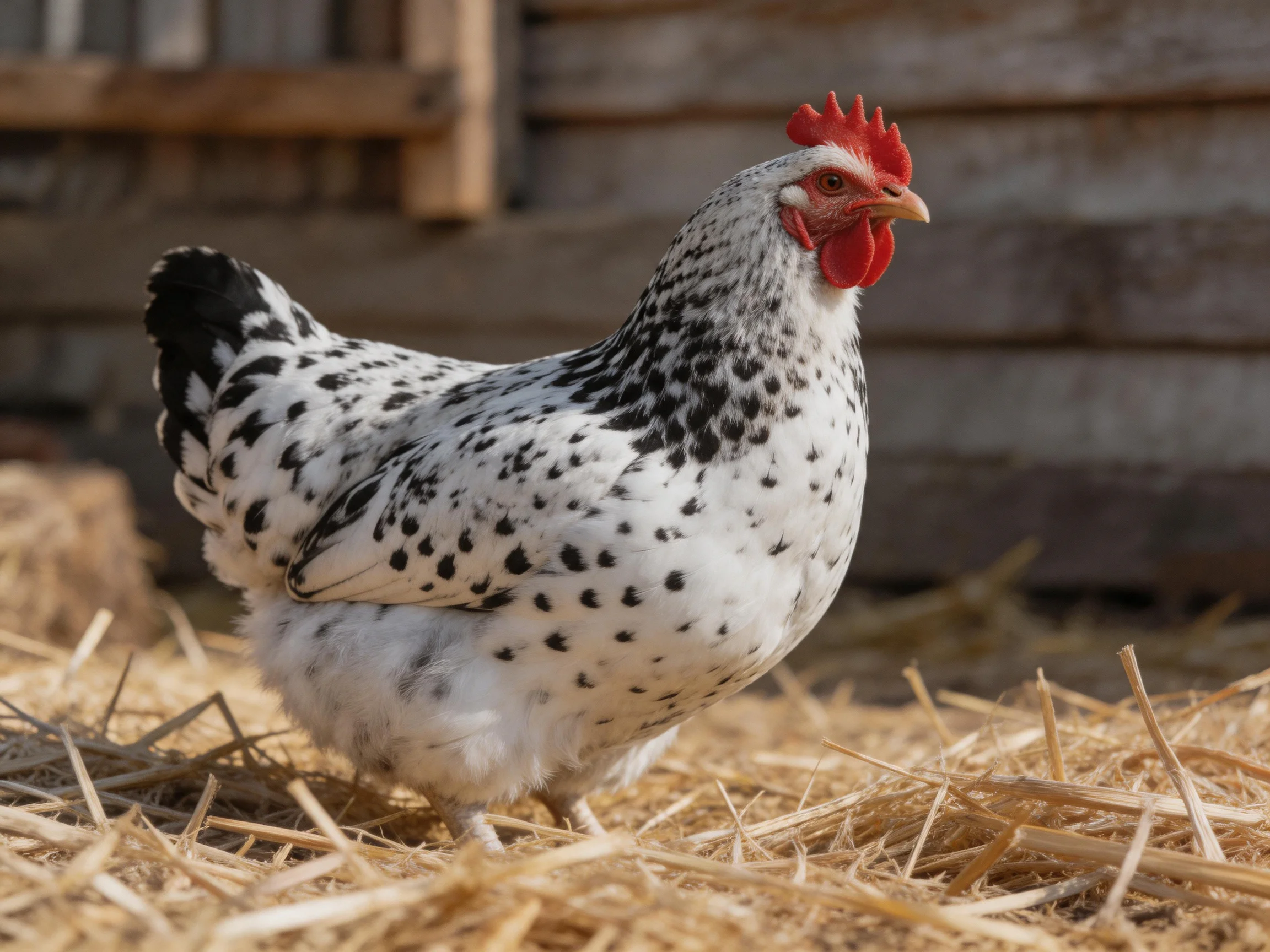 A speckled hen with red comb stands on golden straw near weathered wood