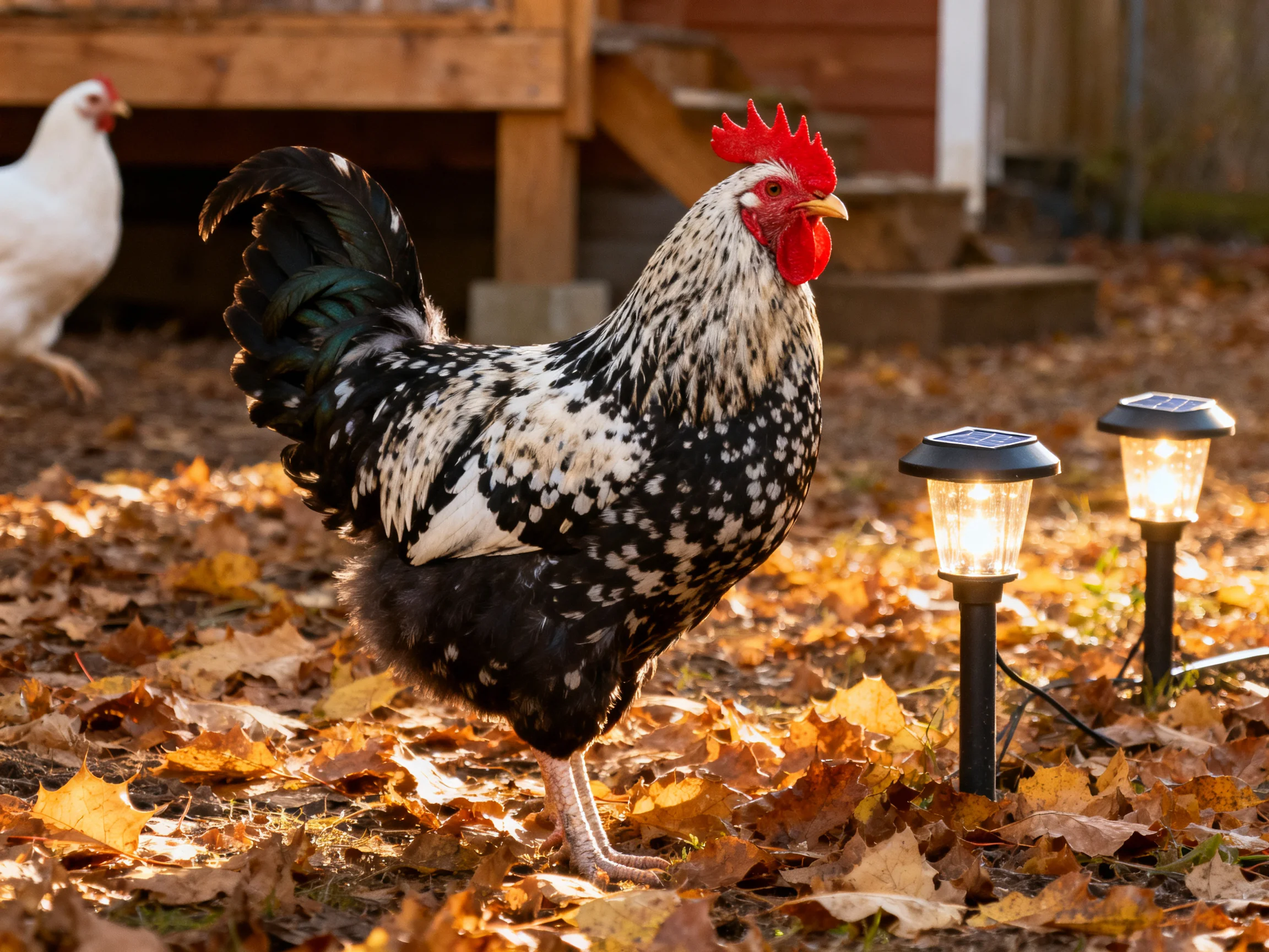 A speckled rooster stands amid autumn leaves near solar path lights