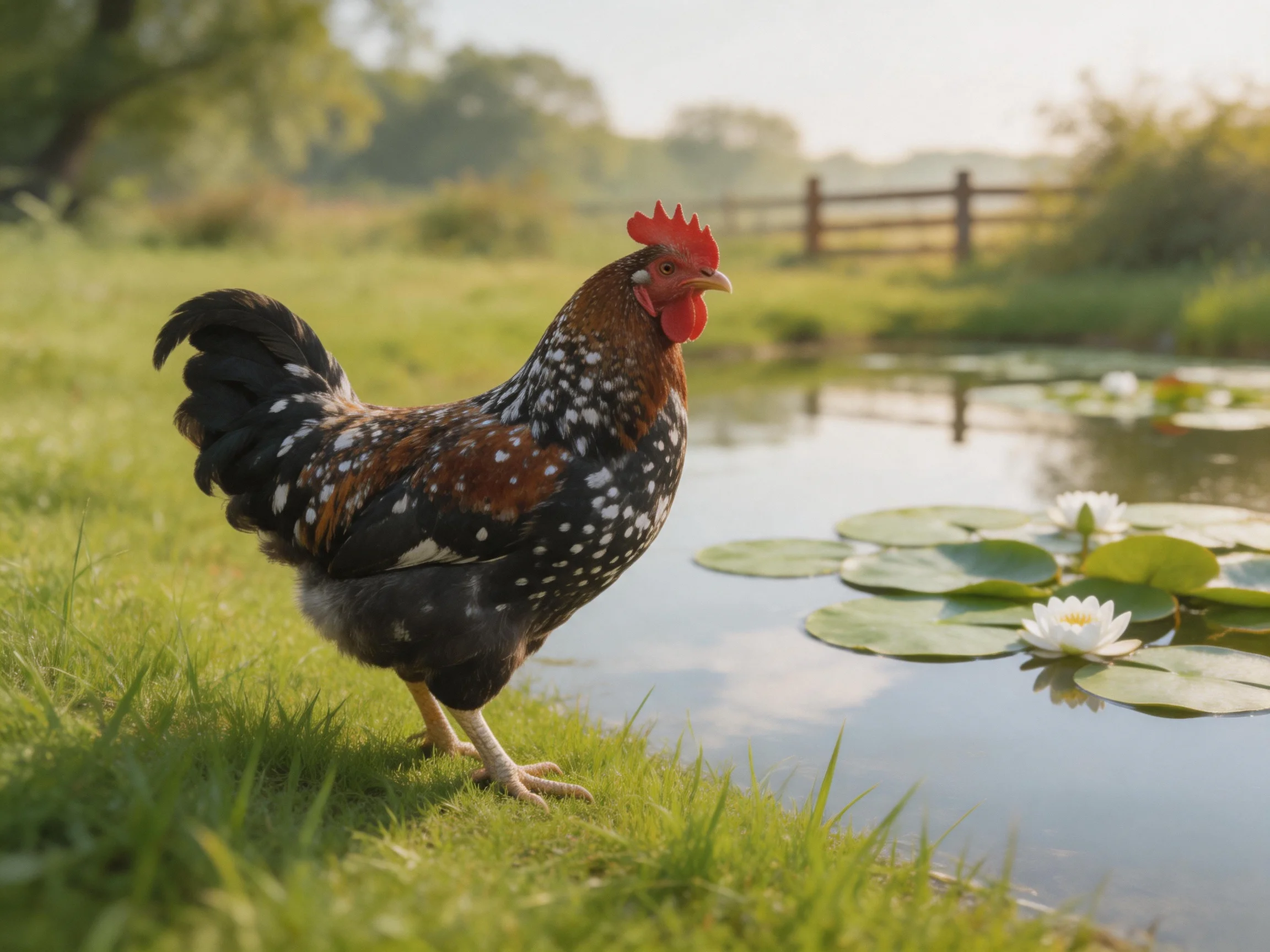 A speckled rooster stands by a calm pond with water lilies