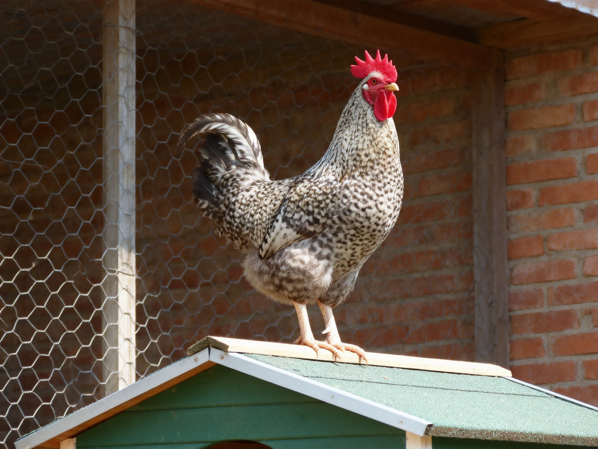 A speckled rooster with a red comb stands atop a green chicken coop near a brick wall