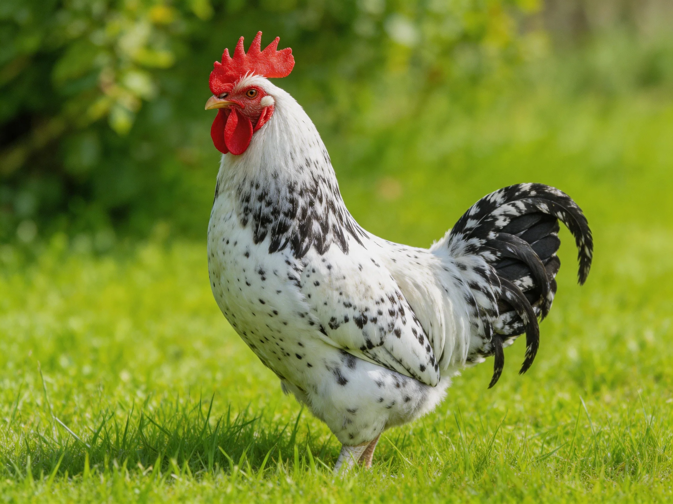 A speckled rooster with red comb stands on lush green grass