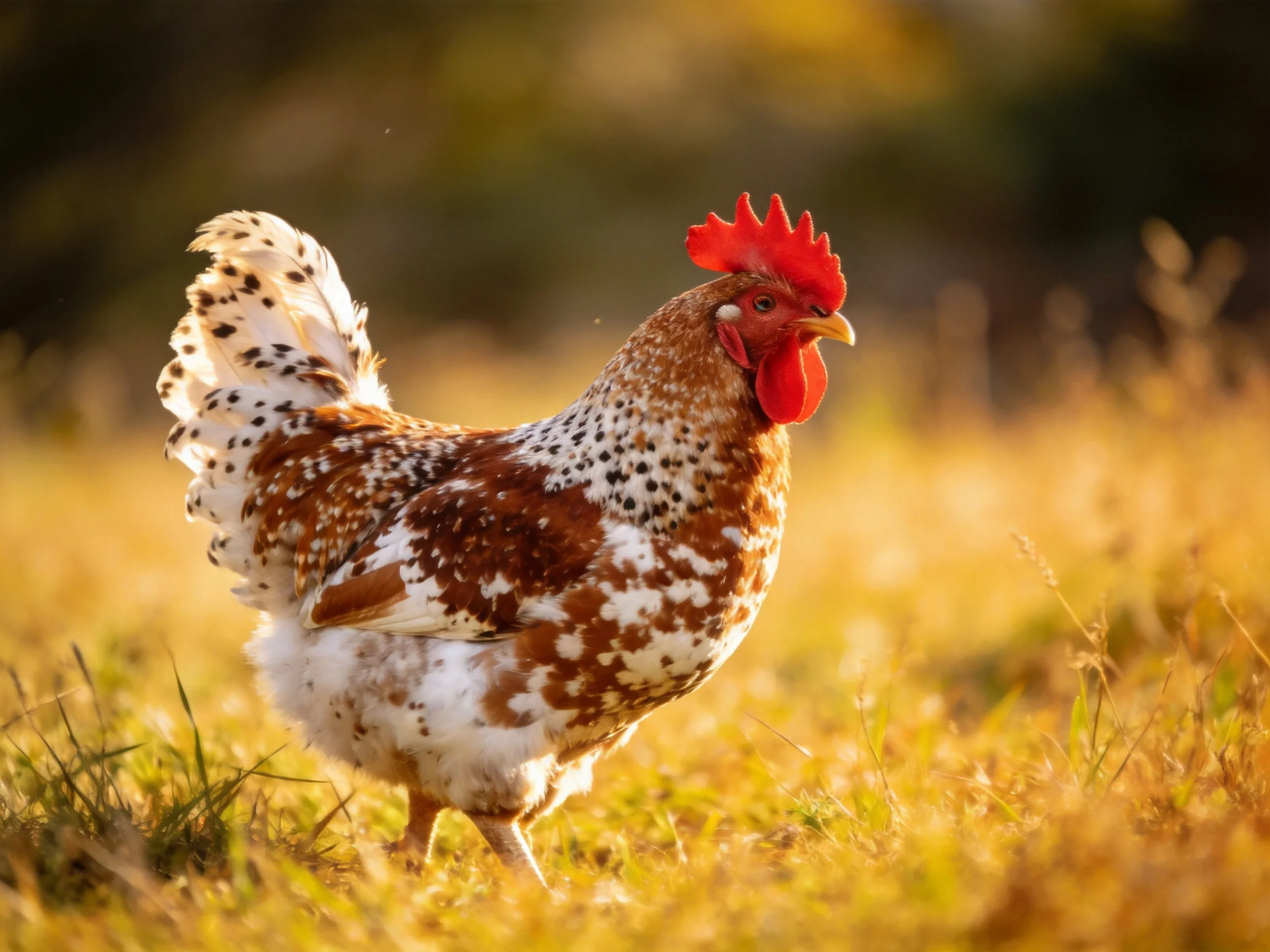 A speckled rooster with vibrant red comb stands in golden grassland