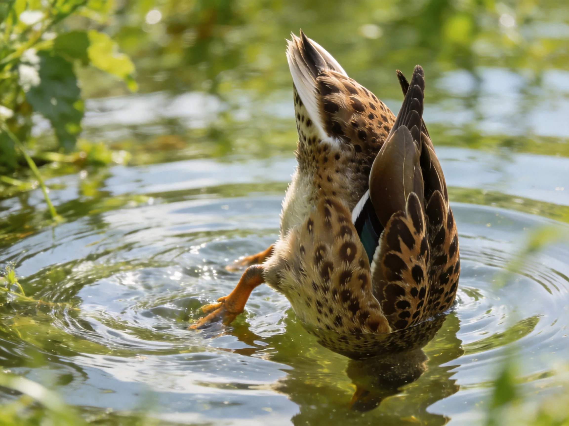 A duck with patterned feathers dips into water amid green vegetation.