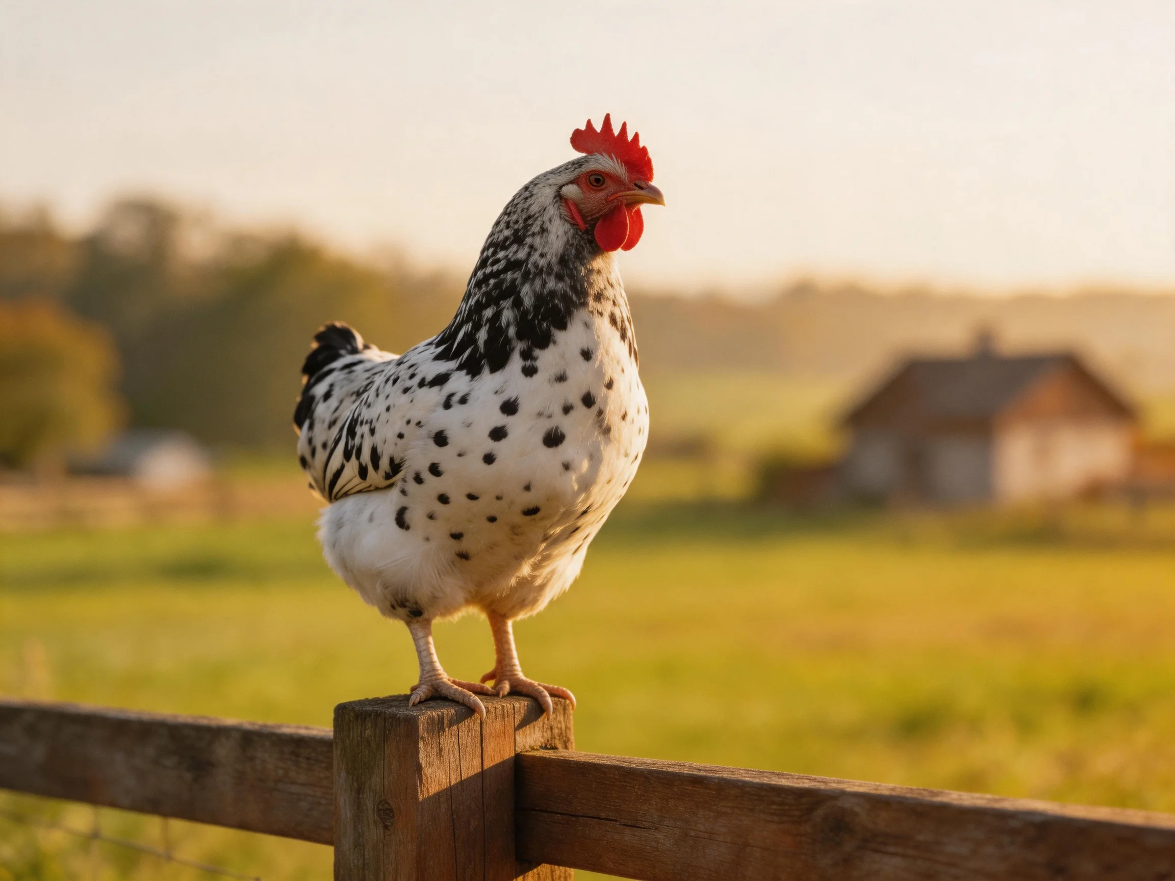 A spotted hen perches on a wooden fence post in a sunny countryside