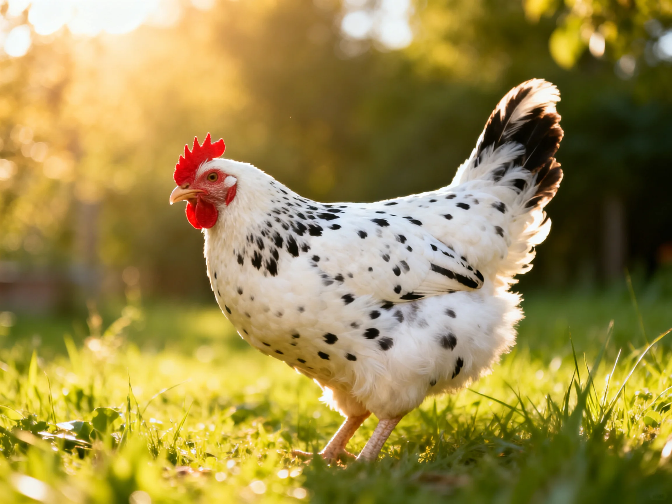 A spotted hen stands on sunlit grass with trees in the distance