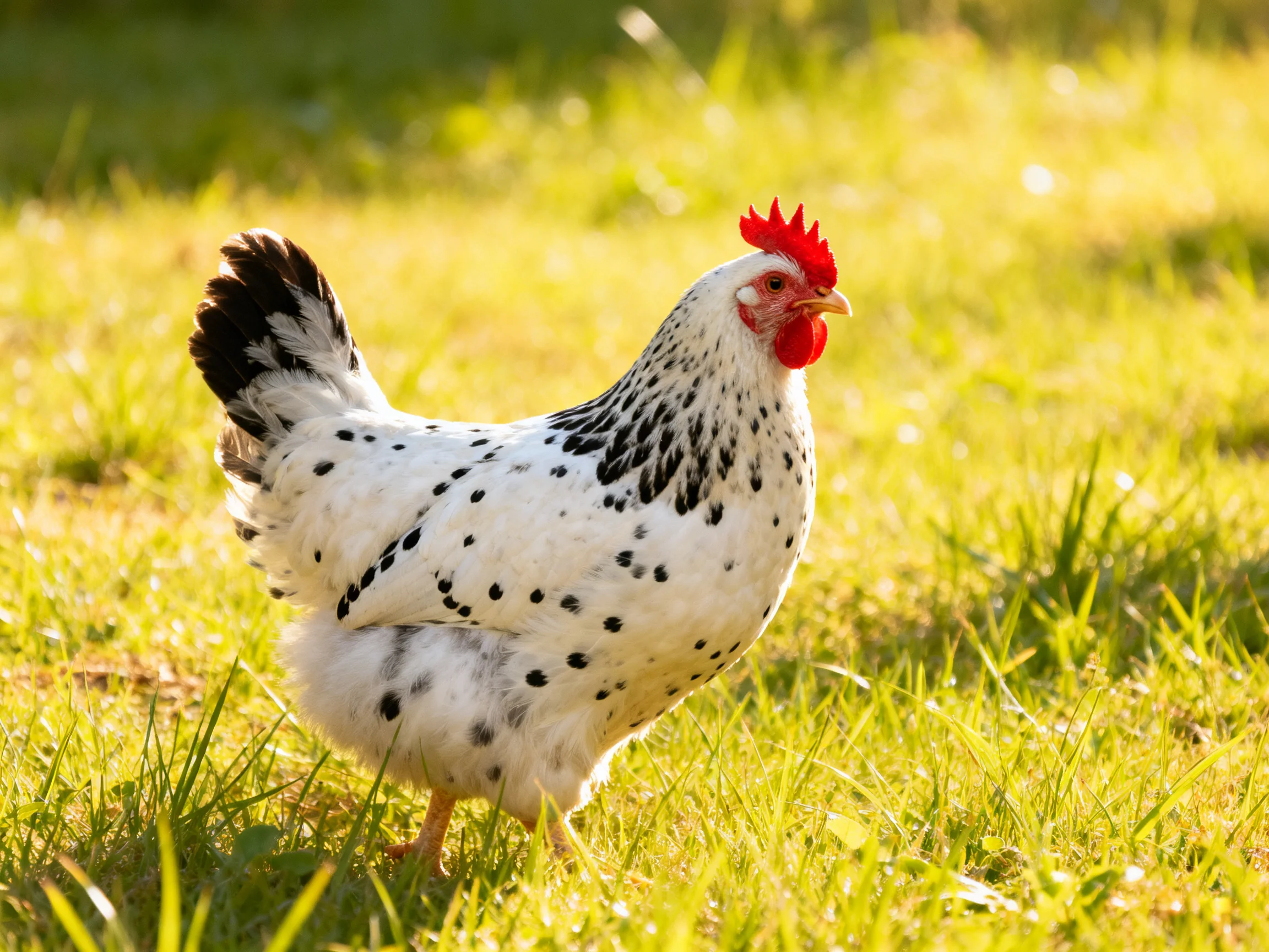 A spotted hen with red comb forages in sunlit green grass