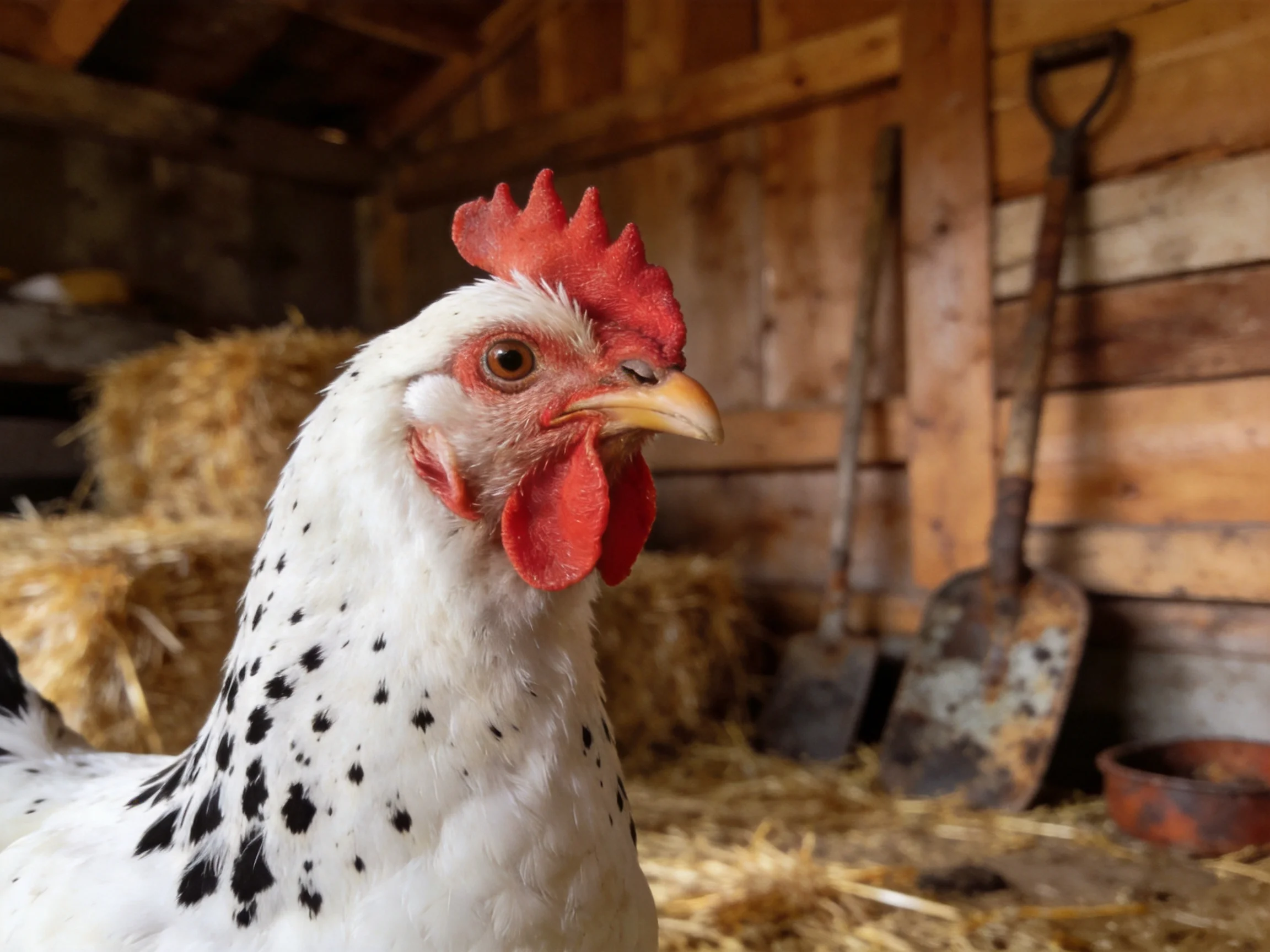 A spotted hen with red comb in a rustic wooden coop