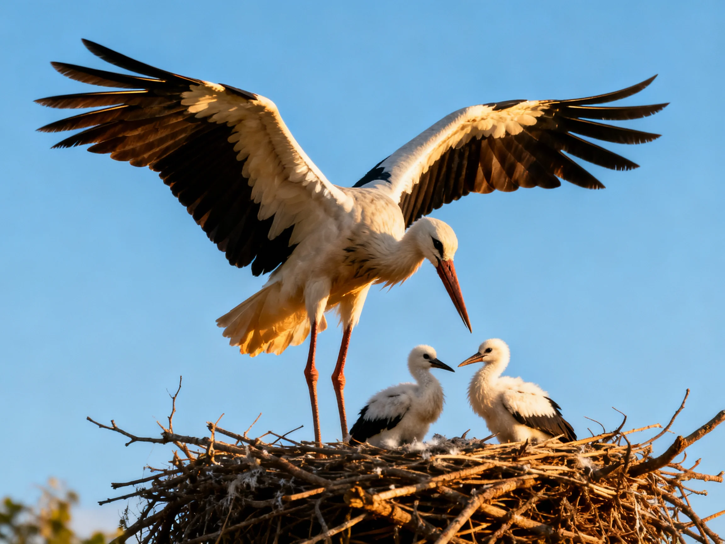 A stork with outstretched wings feeds two chicks in a large twig nest under a clear blue sky