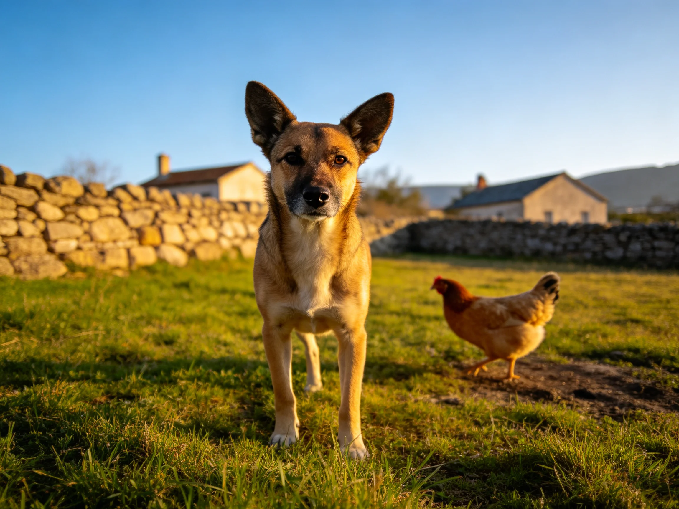 A tan dog stands near a reddish-brown chicken in a sunlit rural yard with stone fences