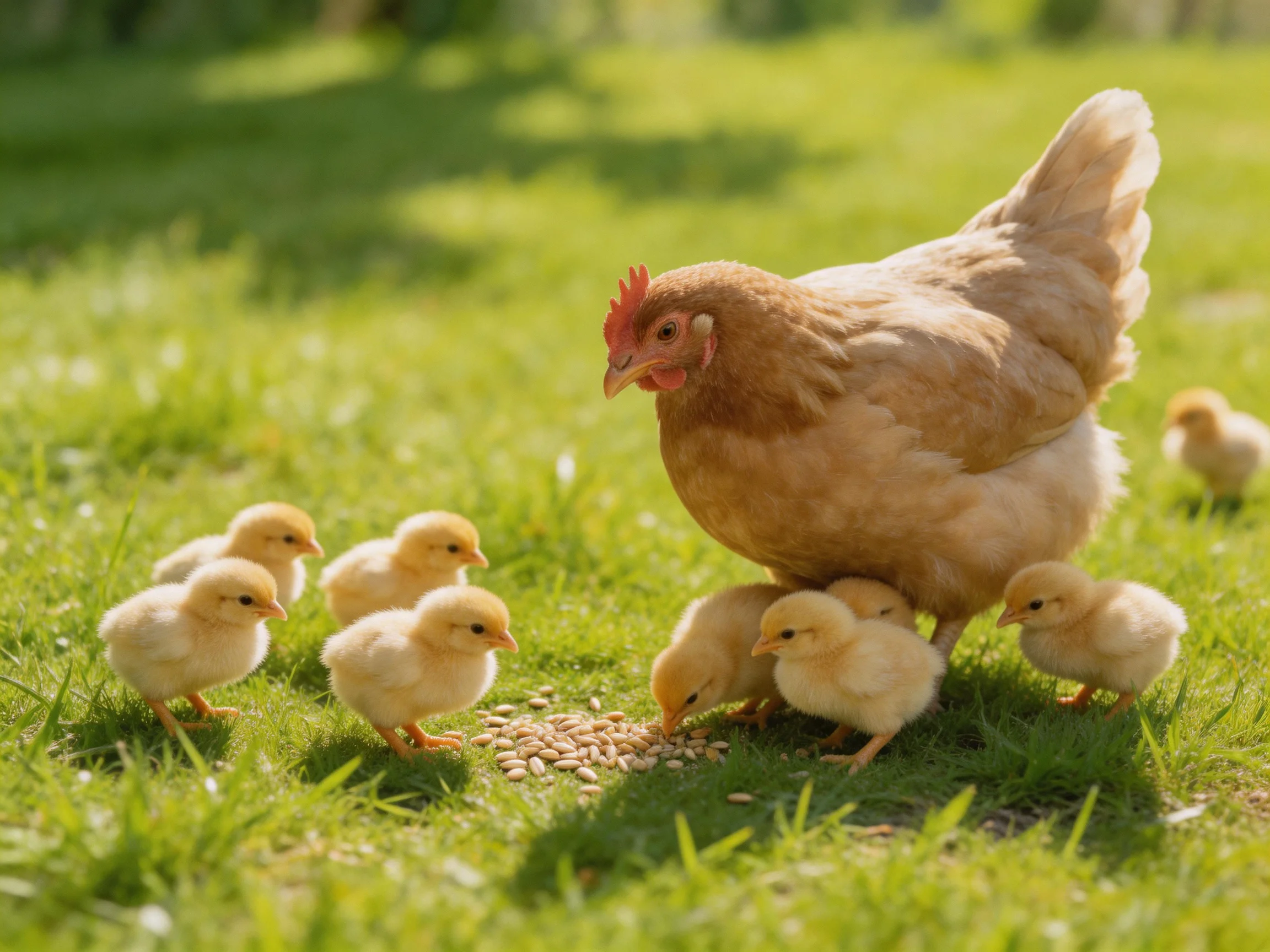 A tan hen with yellow chicks feeding on seeds in sunlit grass
