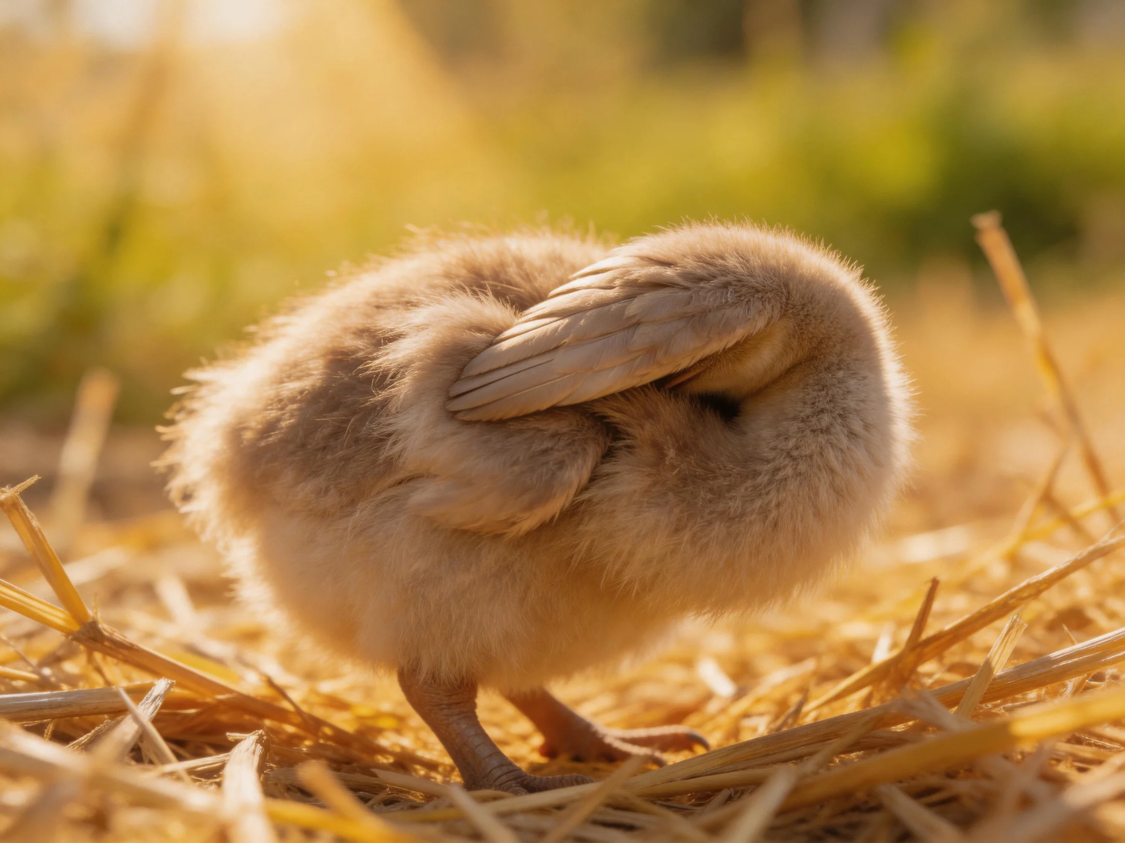 A tiny, fluffy chick resting on golden straw in a sunlit outdoor area