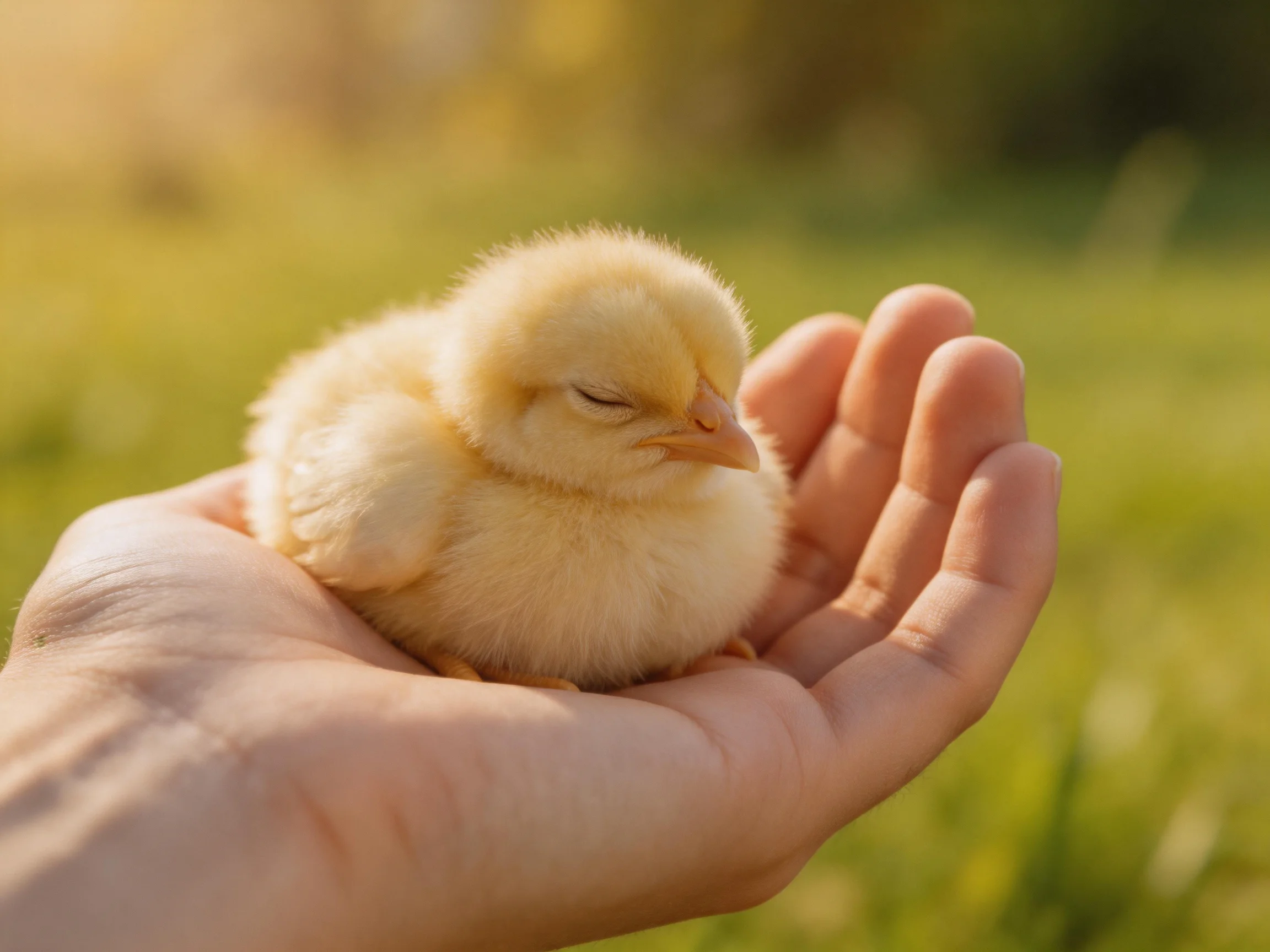 A tiny yellow chick cradled in a hand with a green outdoor backdrop