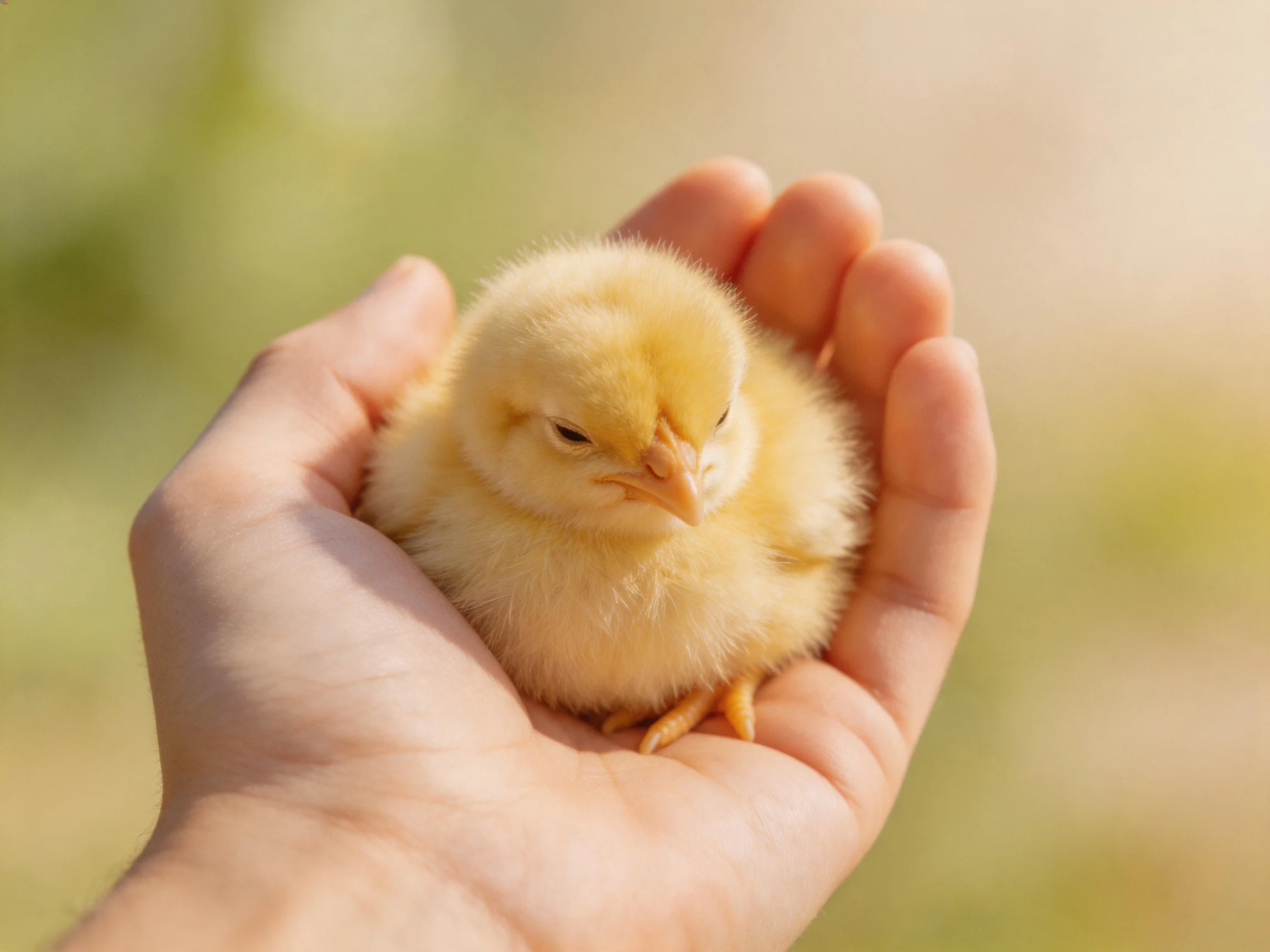 A tiny yellow chick nestled in an open human hand