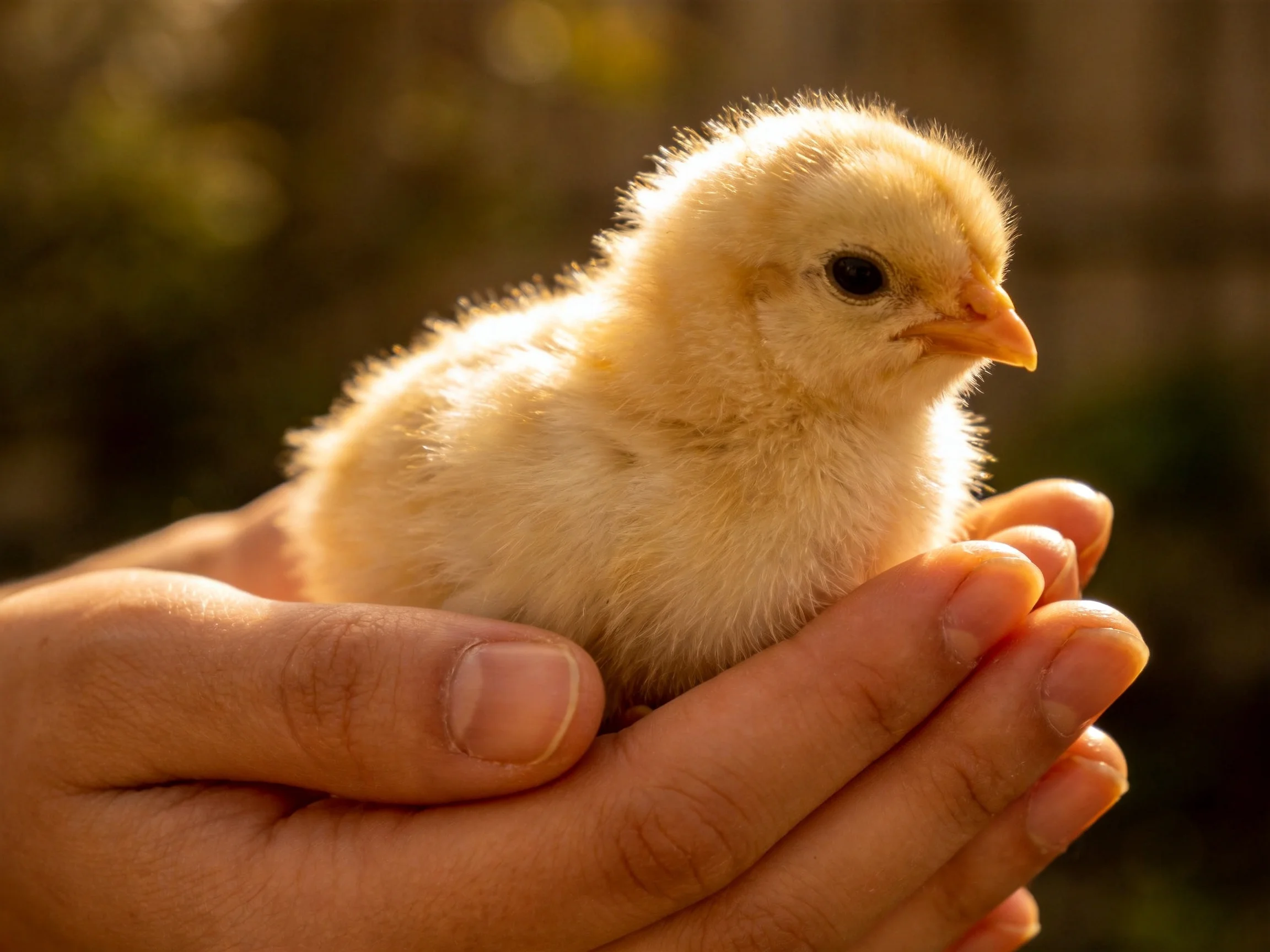 A tiny yellow chick nestled in cupped human hands