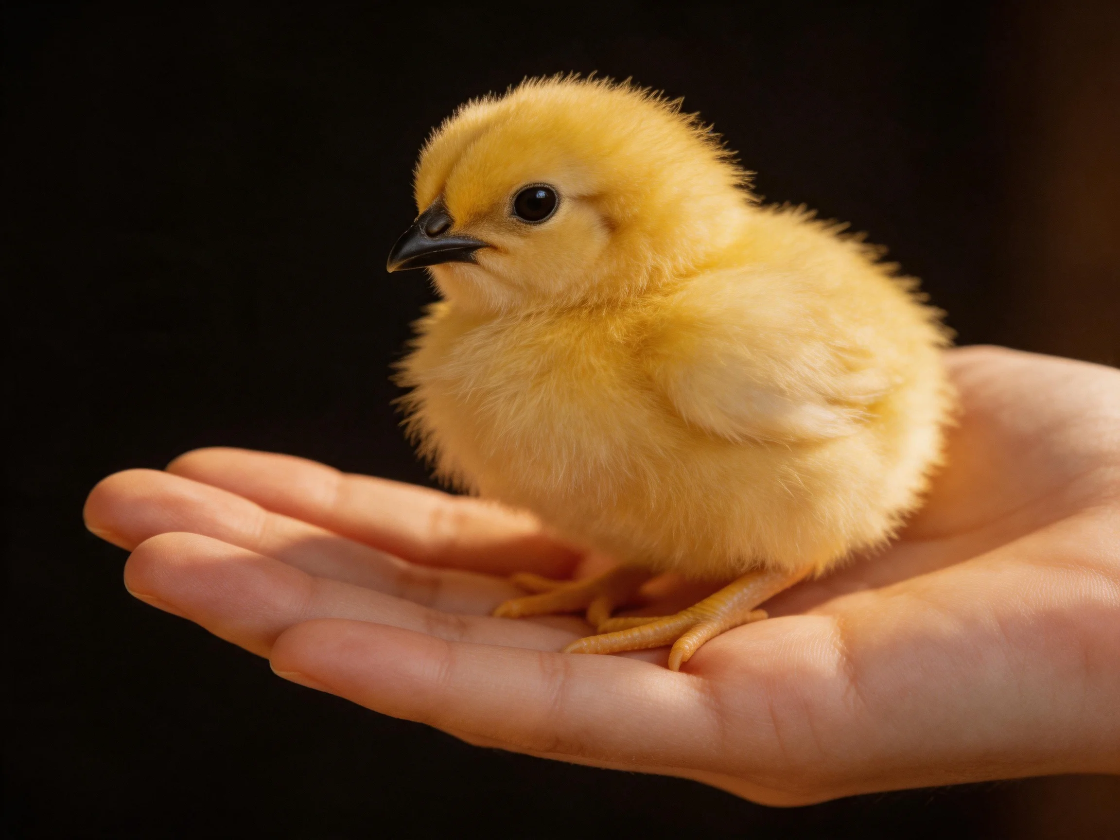 A tiny yellow chick perched on an open human palm