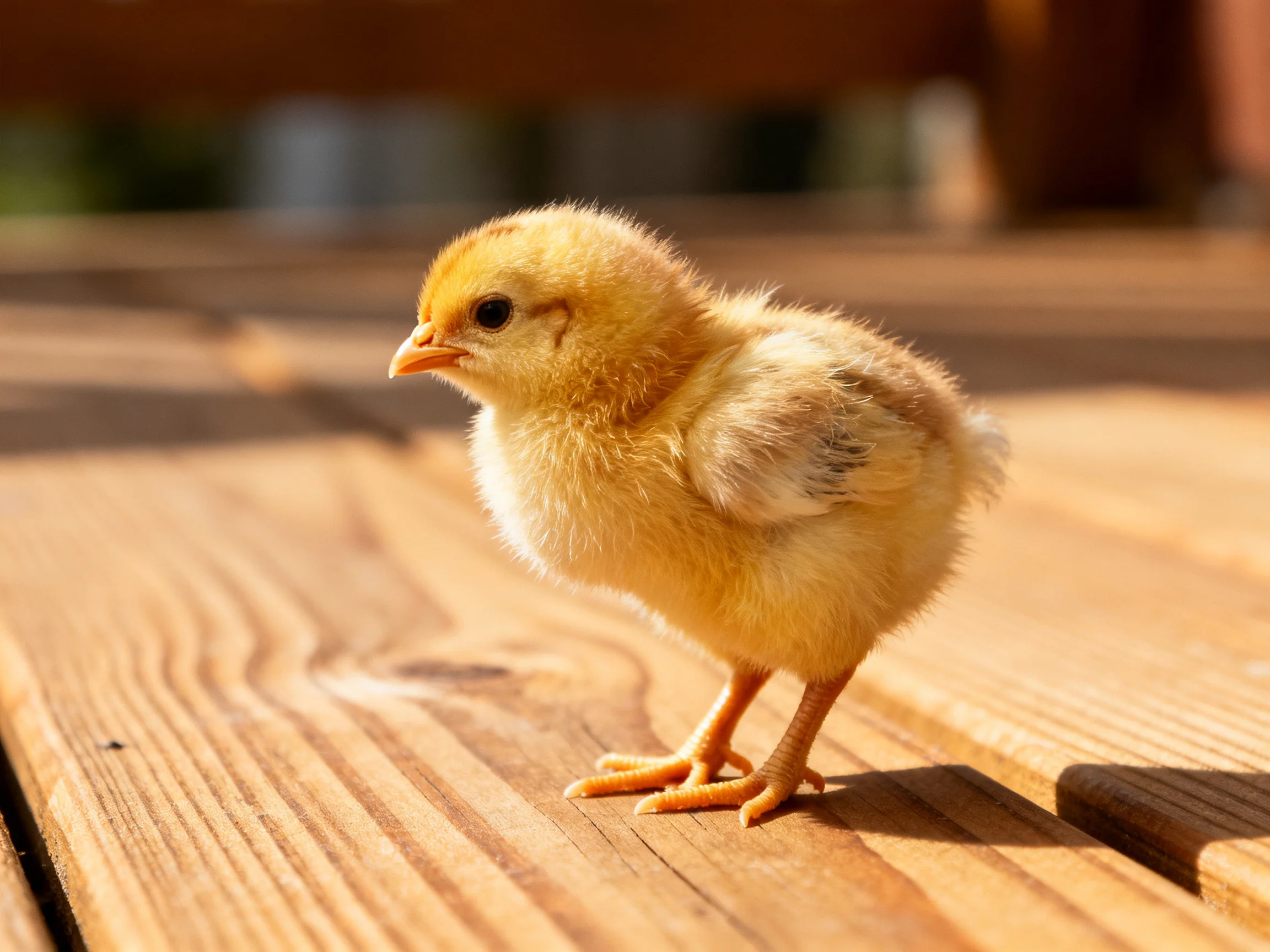 A tiny yellow chick standing on smooth wooden planks