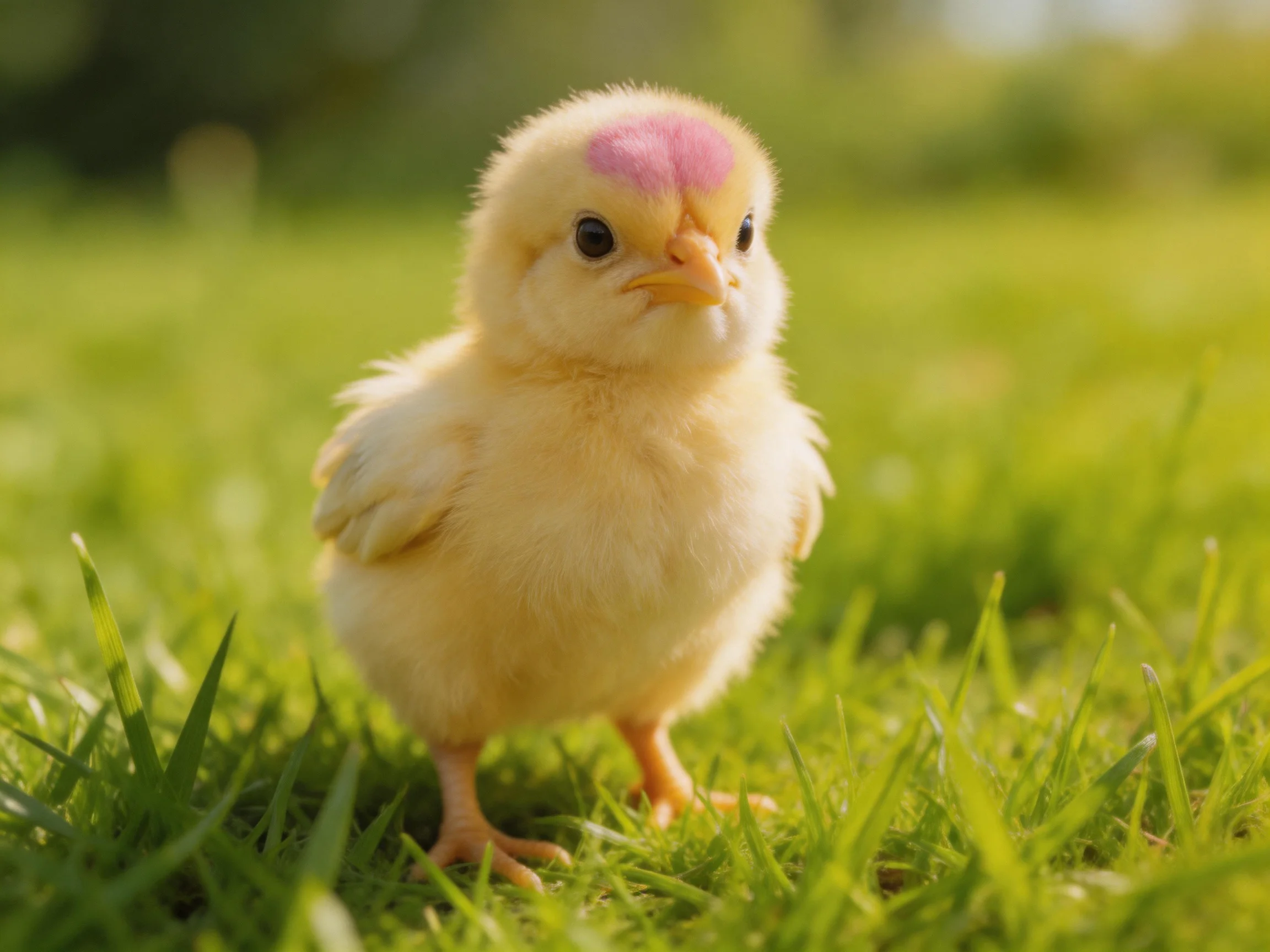 A tiny yellow chick with pink markings standing on lush green grass