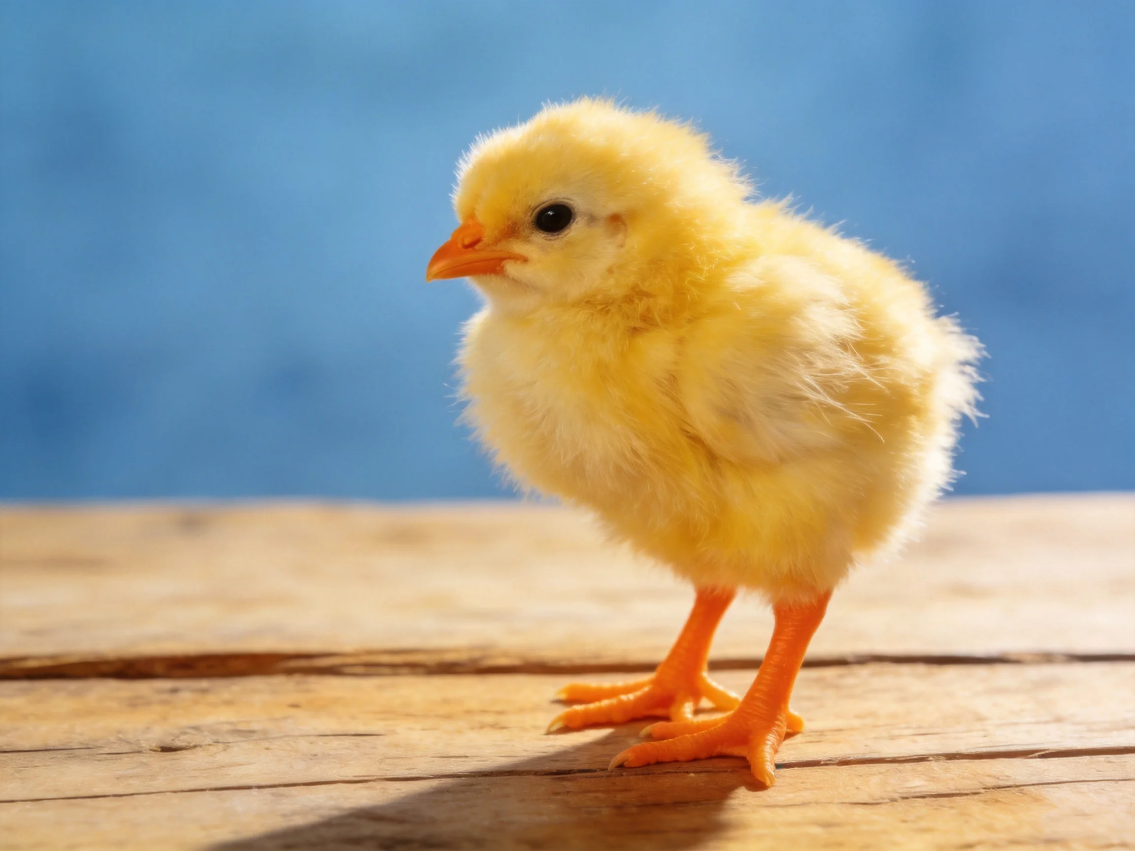 A tiny yellow fluffy chick stands on wooden planks against a blue backdrop