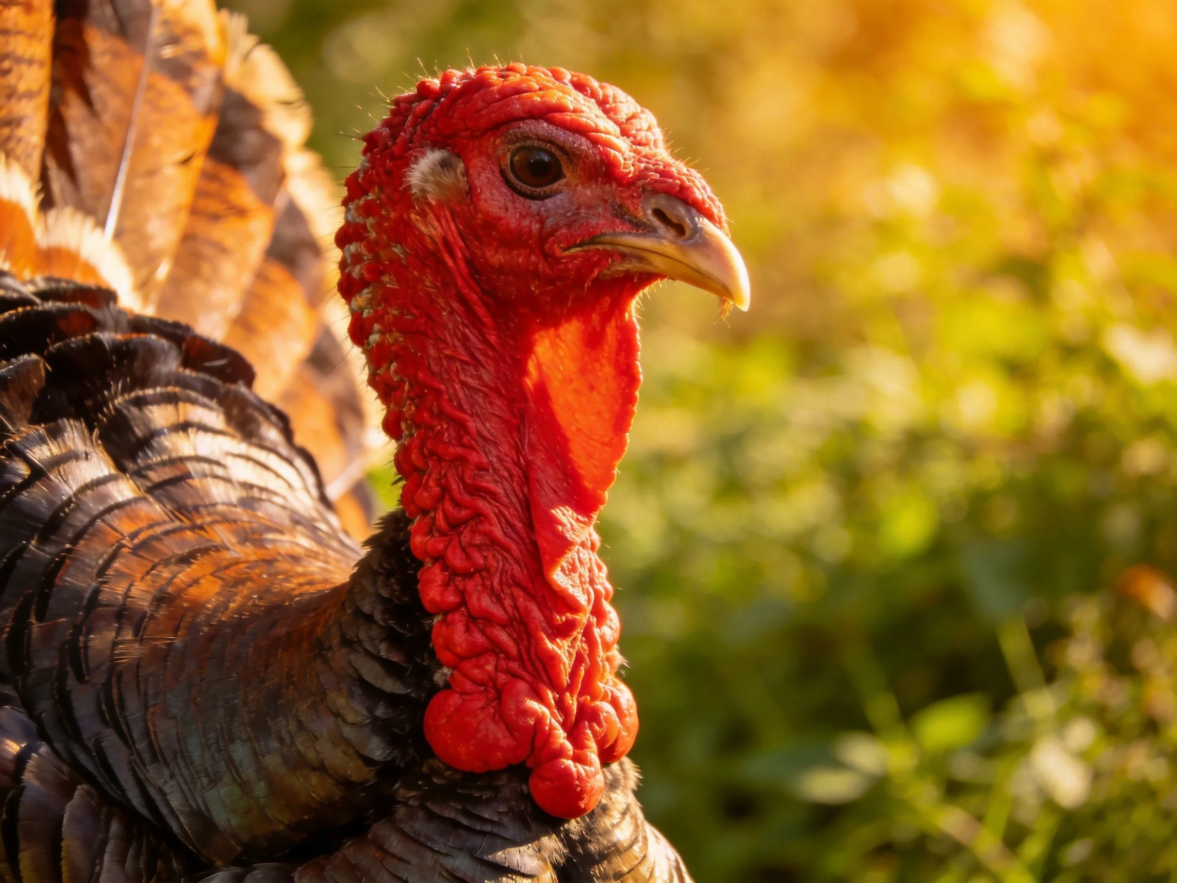 A turkey with a vivid red head and brown feathers in an outdoor setting