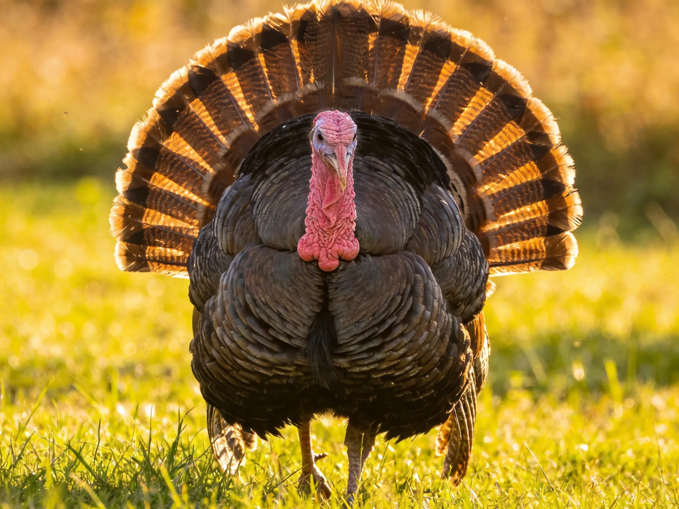 A turkey with fanned brown and black tail feathers and pink head
