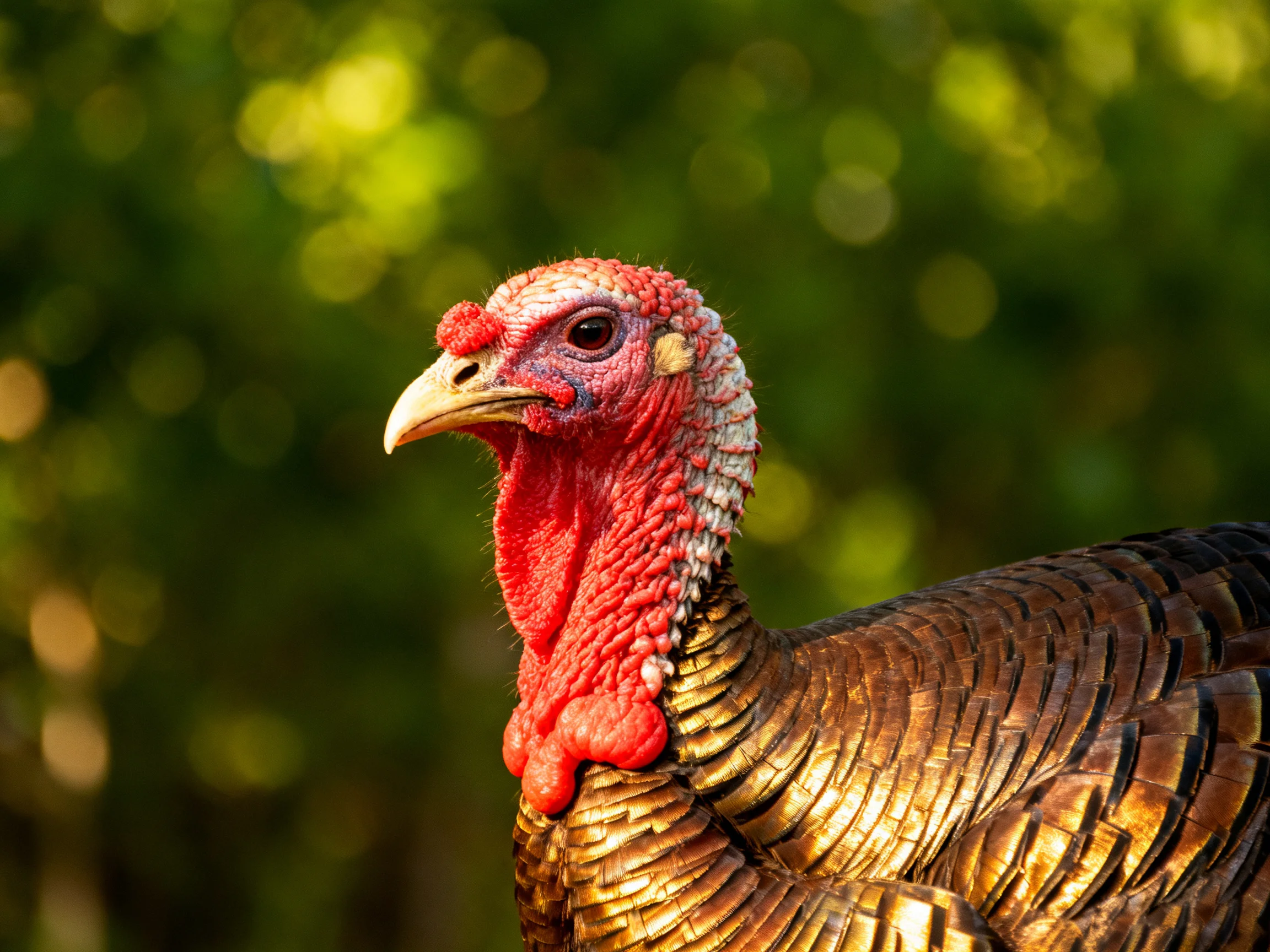 A turkey with red wattle and golden feathers in front of green bokeh
