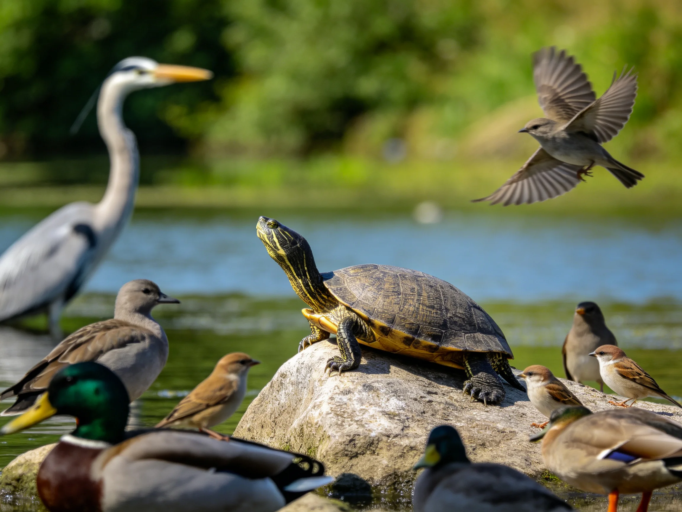 A turtle perched on a rock amid ducks, birds, and a heron by the water