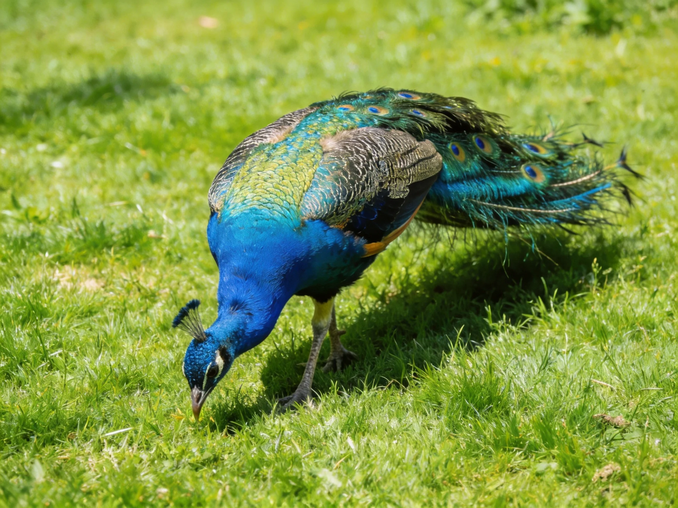 A vibrant blue and green peacock forages on lush green grass