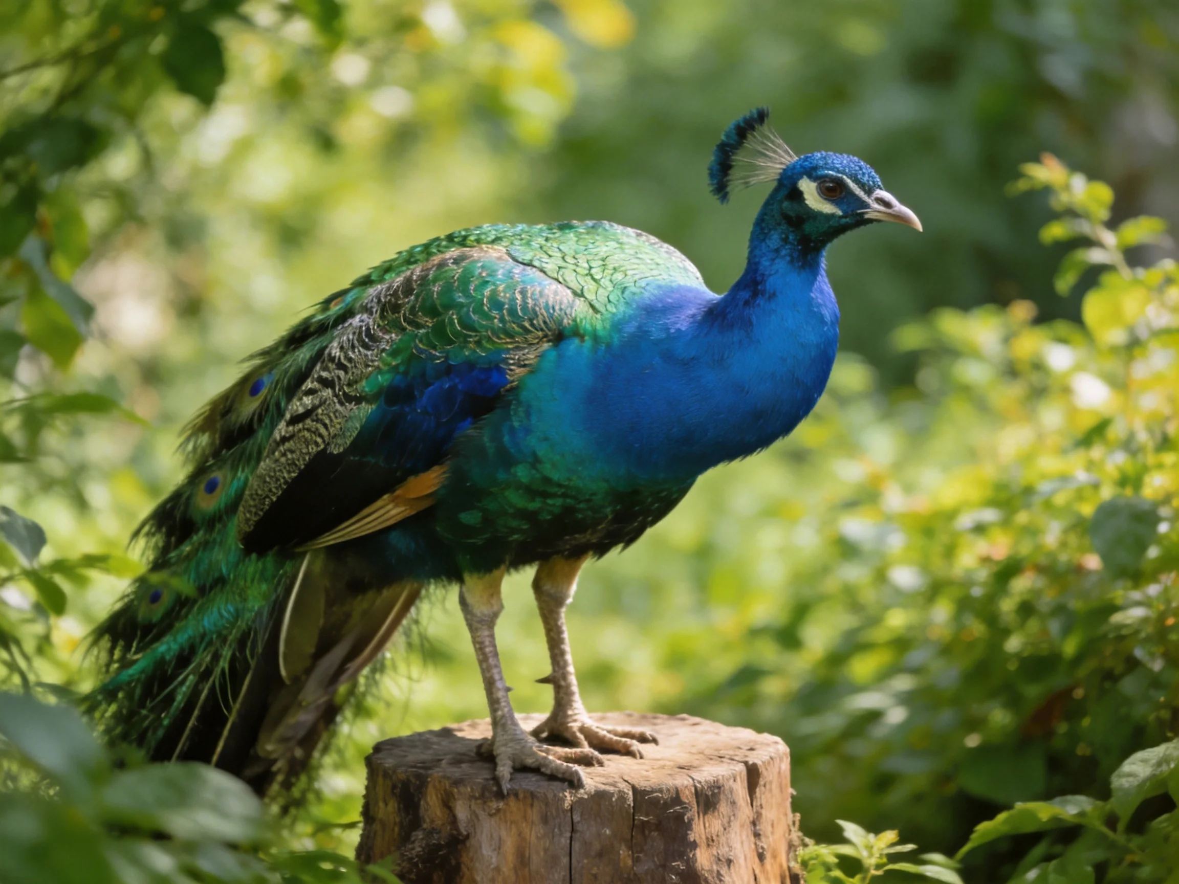A vibrant blue-green peacock perched on a wooden stump amid lush foliage