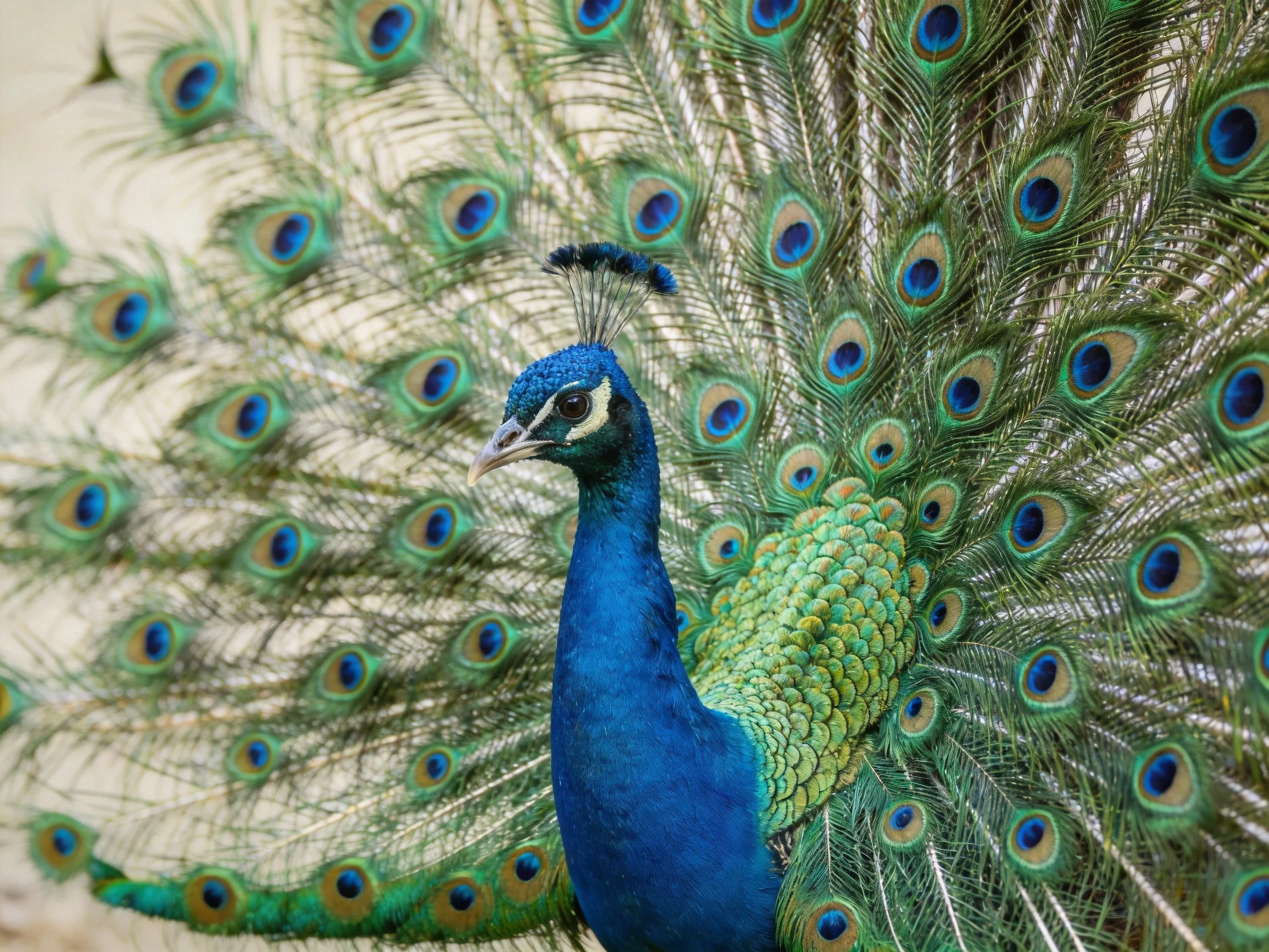 A vibrant blue peacock displays colorful eye-patterned tail feathers