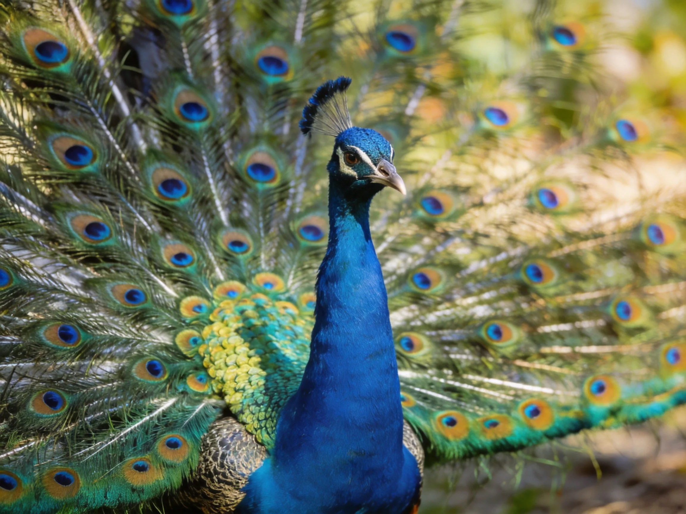 A vibrant blue peacock displays colorful iridescent tail feathers