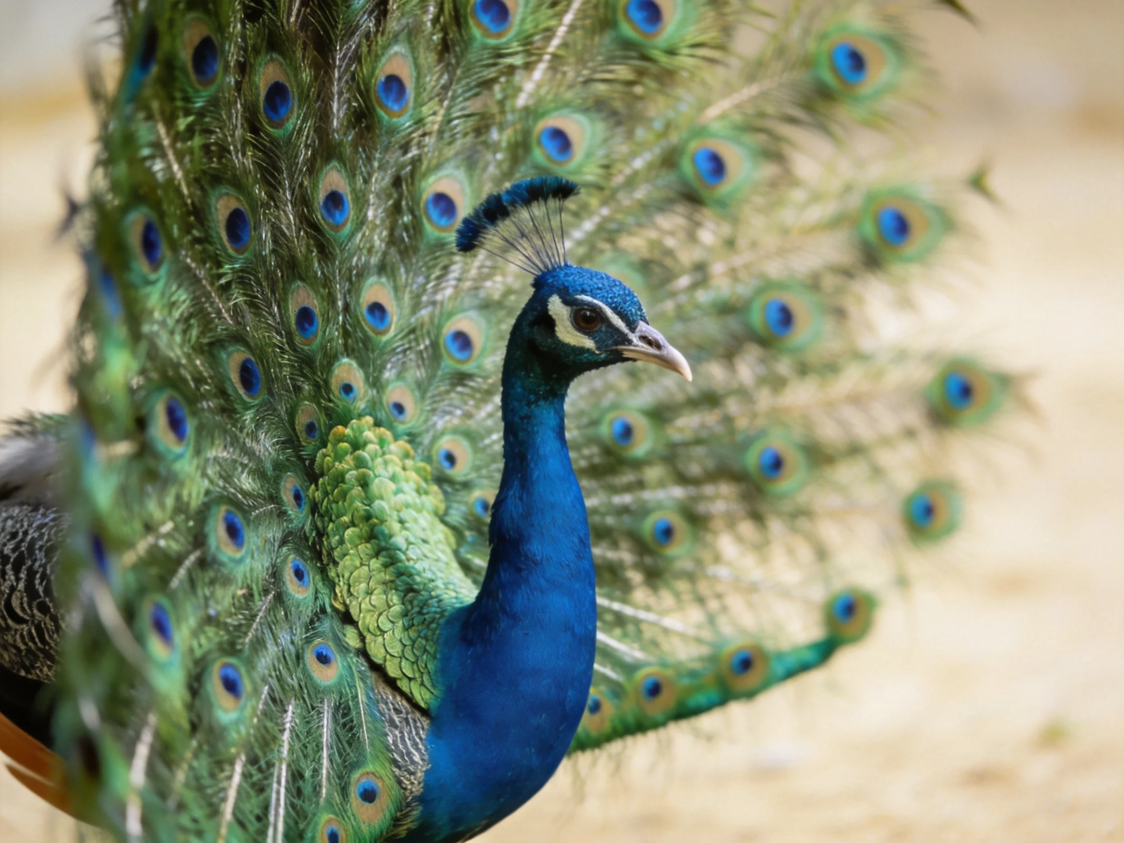 A vibrant blue peacock displays fanned green and blue tail feathers