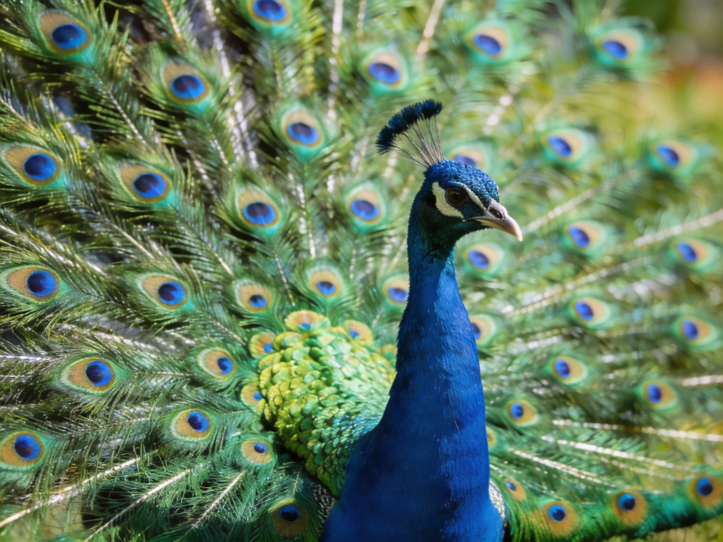 A vibrant blue peacock displays fanned tail feathers with iridescent eyespots
