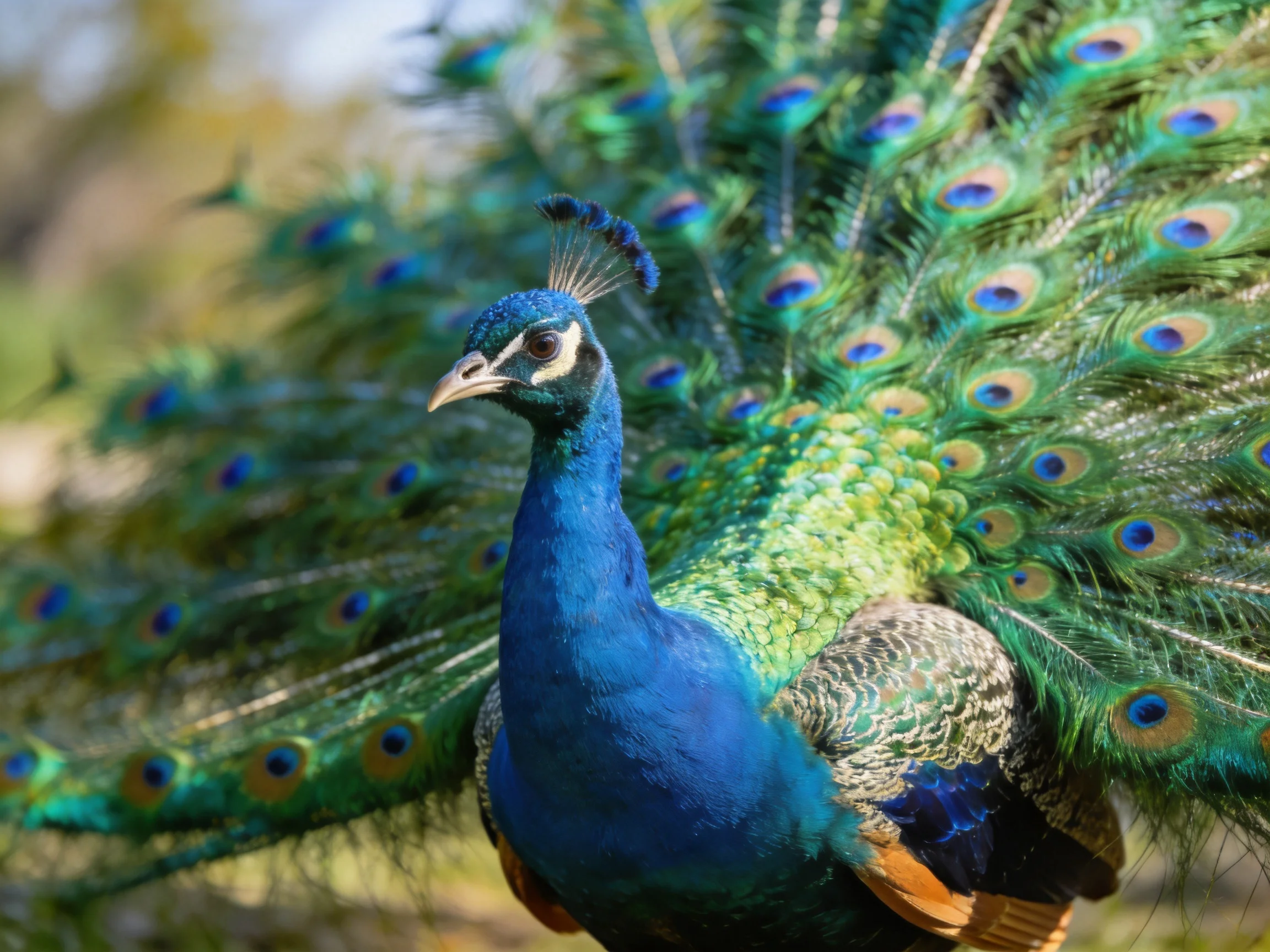 A vibrant blue peacock displays iridescent, eye-spotted tail feathers