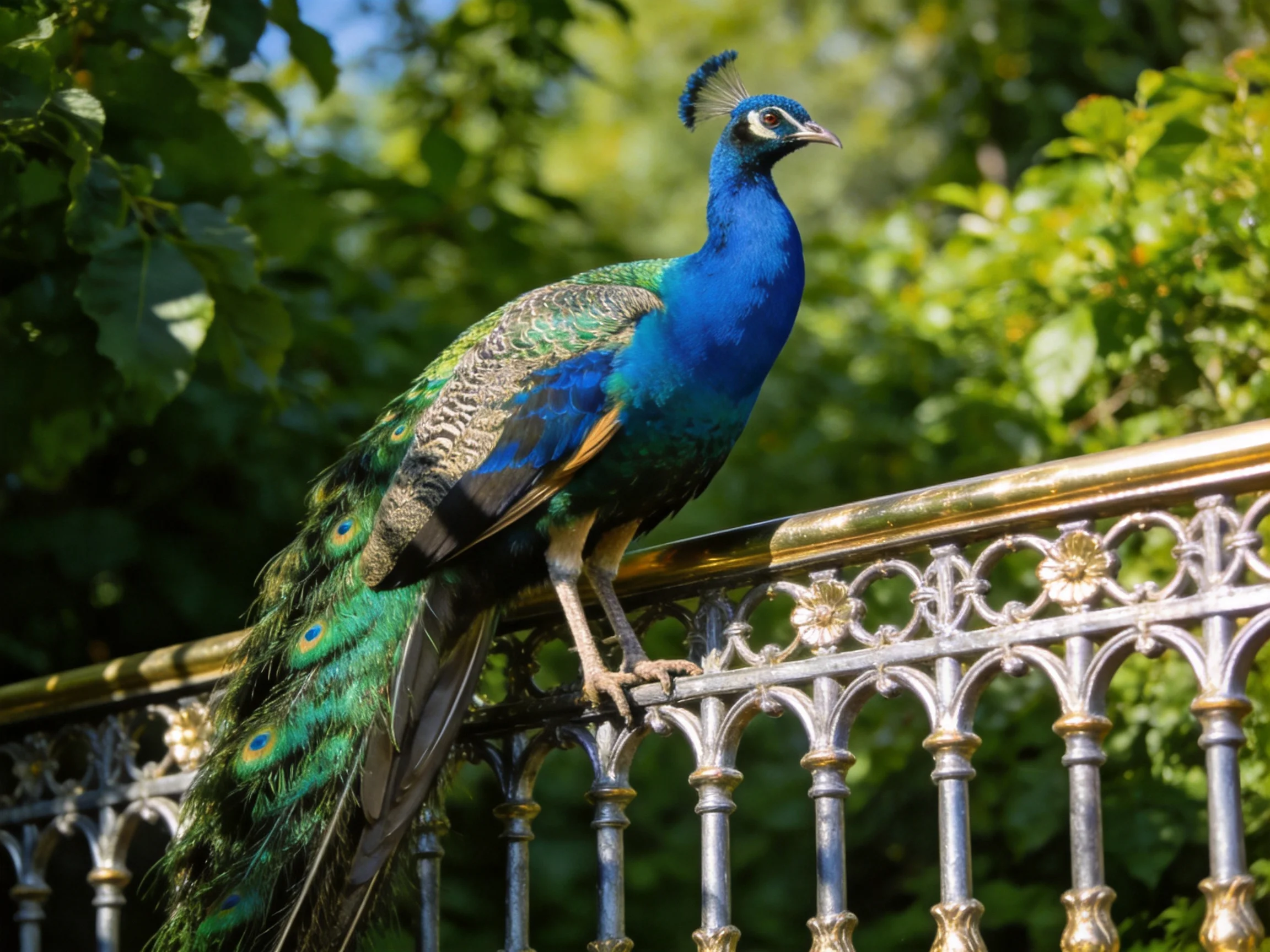 A colorful peacock stands on a decorative fence amid greenery.