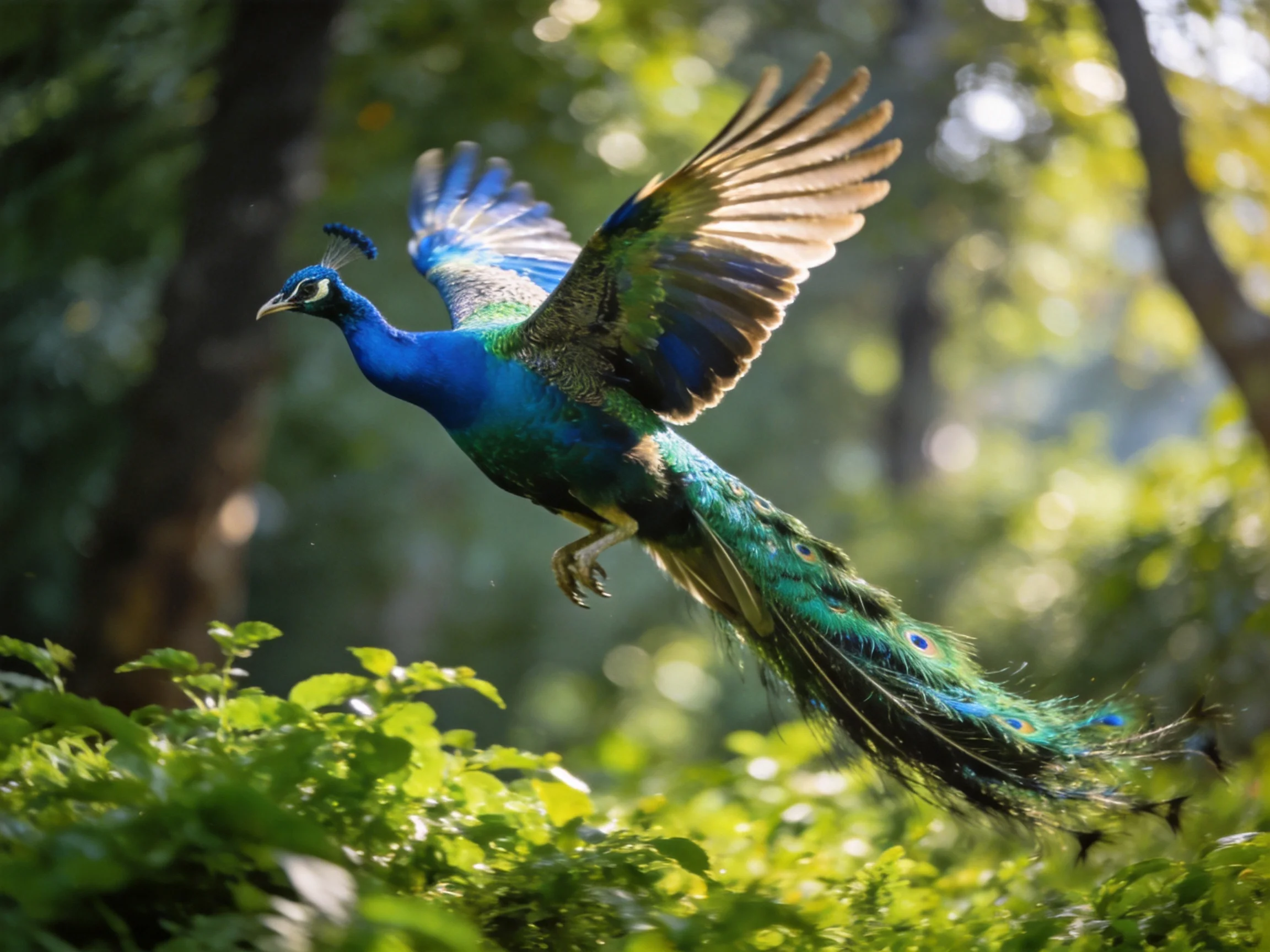 A vibrant blue peacock takes flight amid lush green foliage