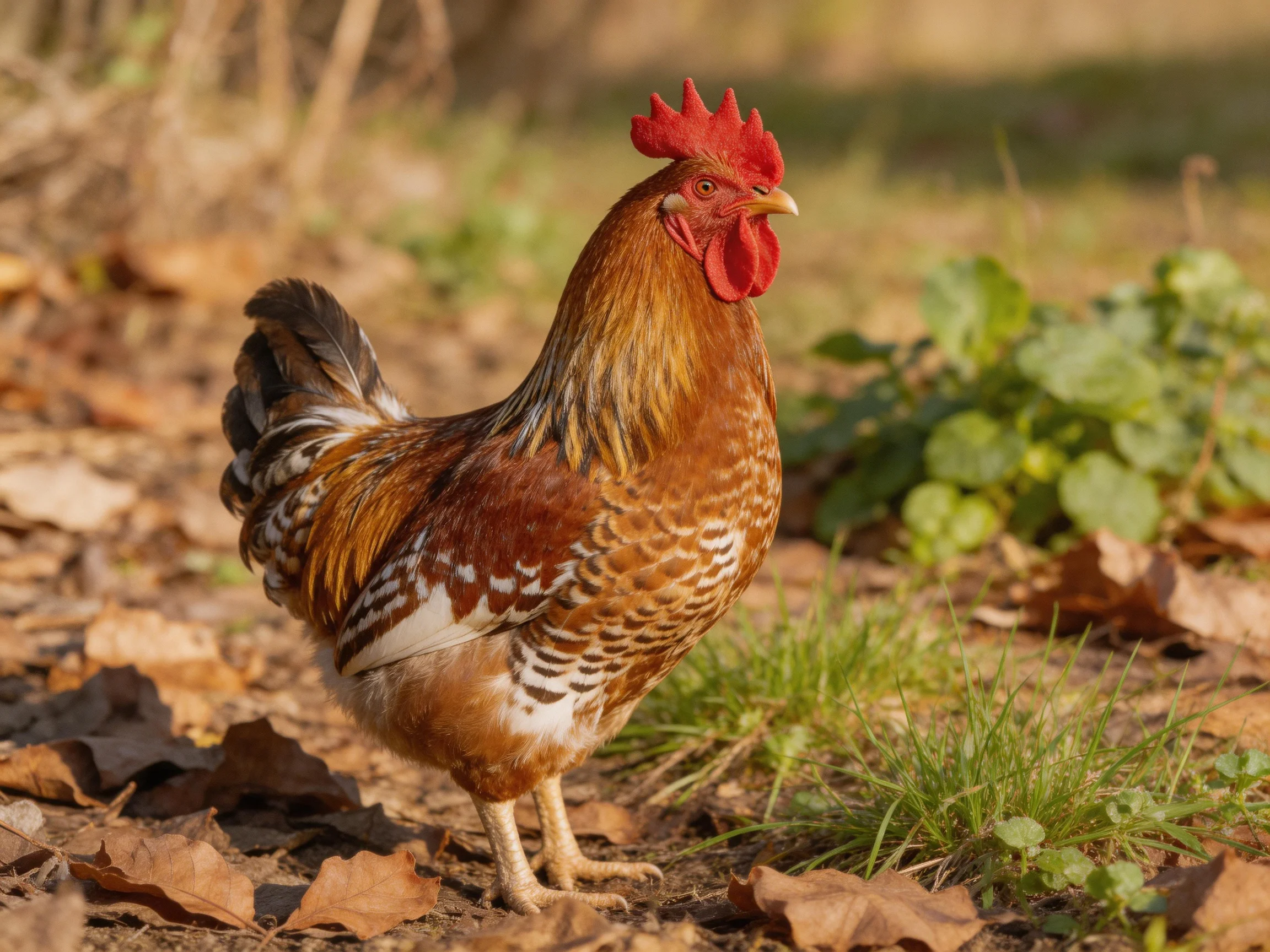 A rooster with colorful plumage stands outdoors near foliage and dry leaves