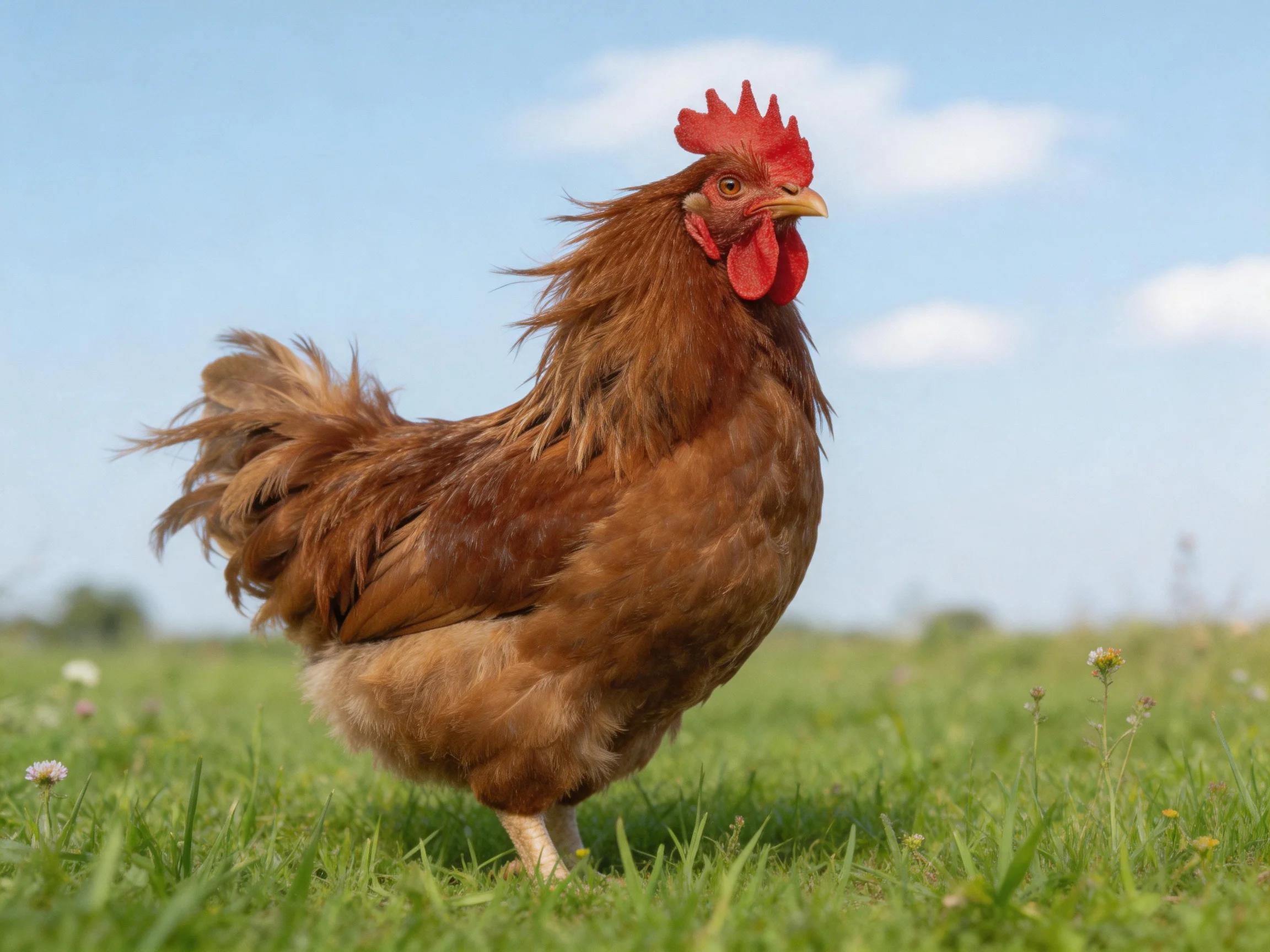 A brown rooster stands in a green meadow under a blue sky.