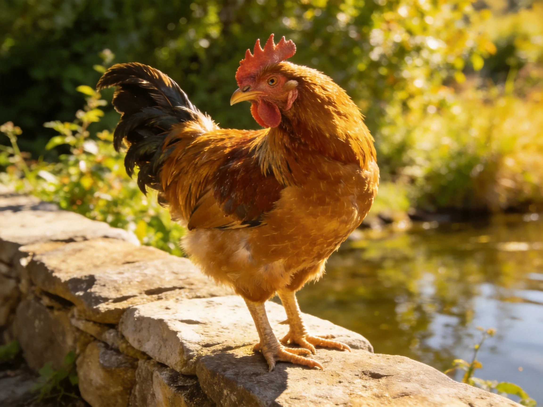 A brown rooster rests on a stone wall adjacent to a pond in a sunlit landscape.