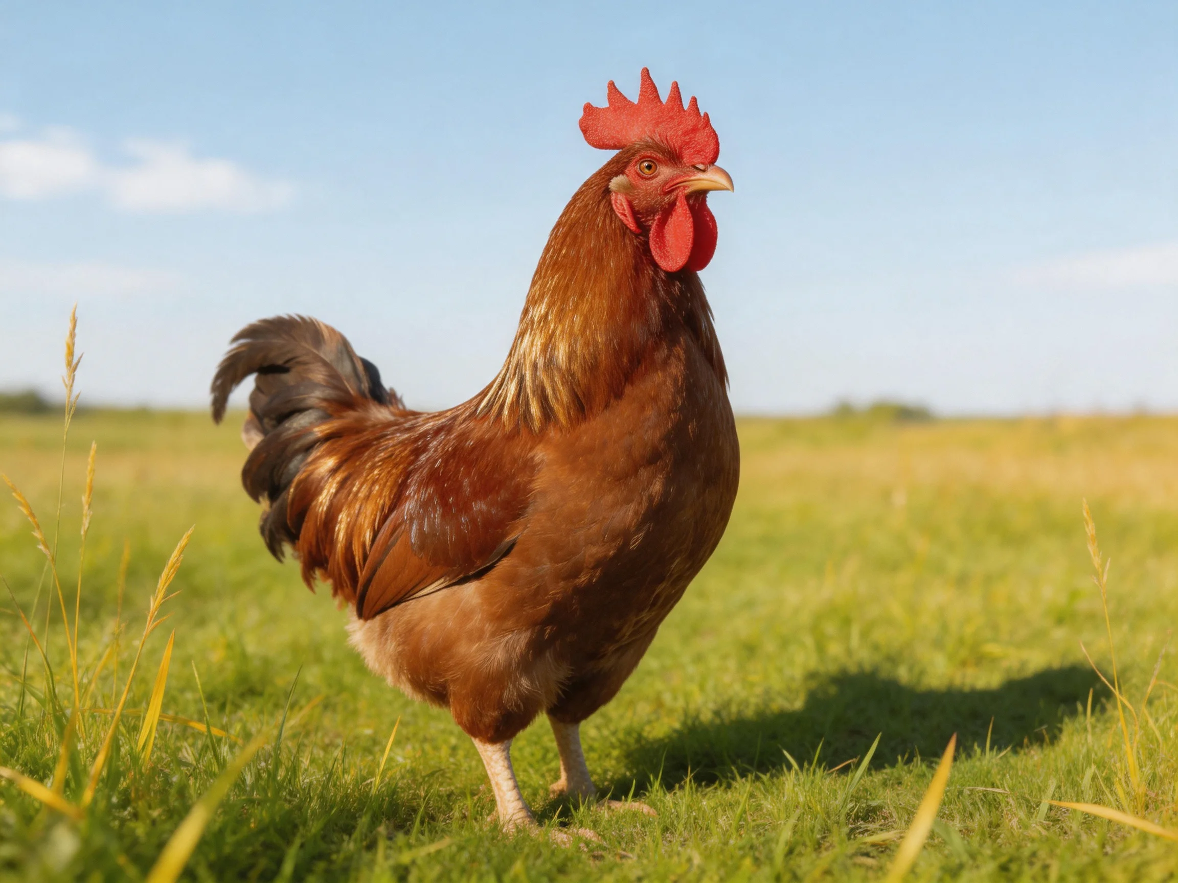 A vibrant brown rooster standing in a sunlit green meadow