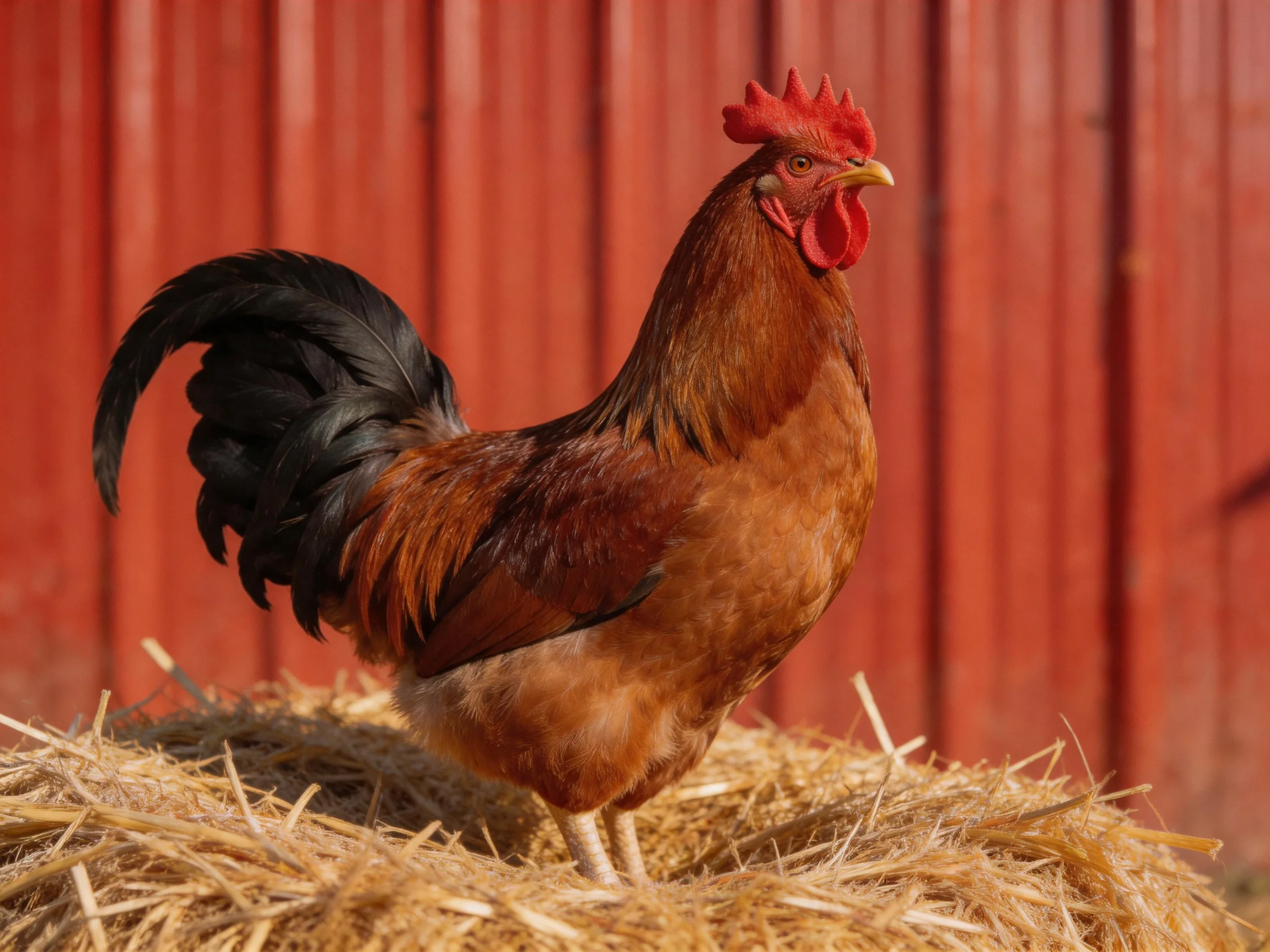 A brown rooster stands on golden hay beside a red wooden structure.