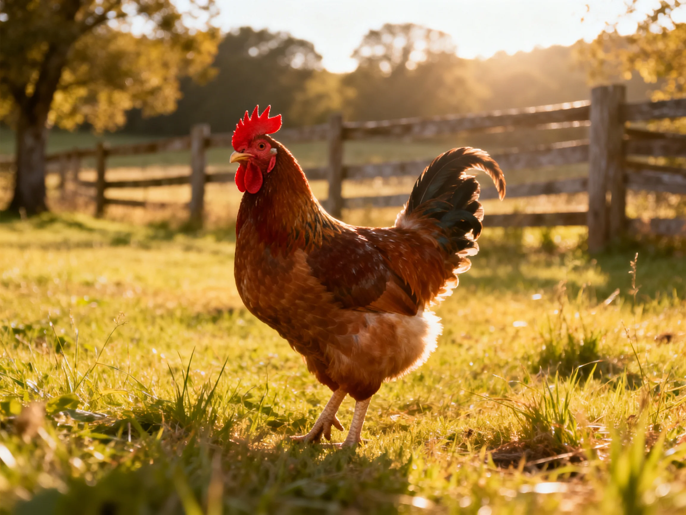 A rooster stands in a sunlit farm field near wooden fences.