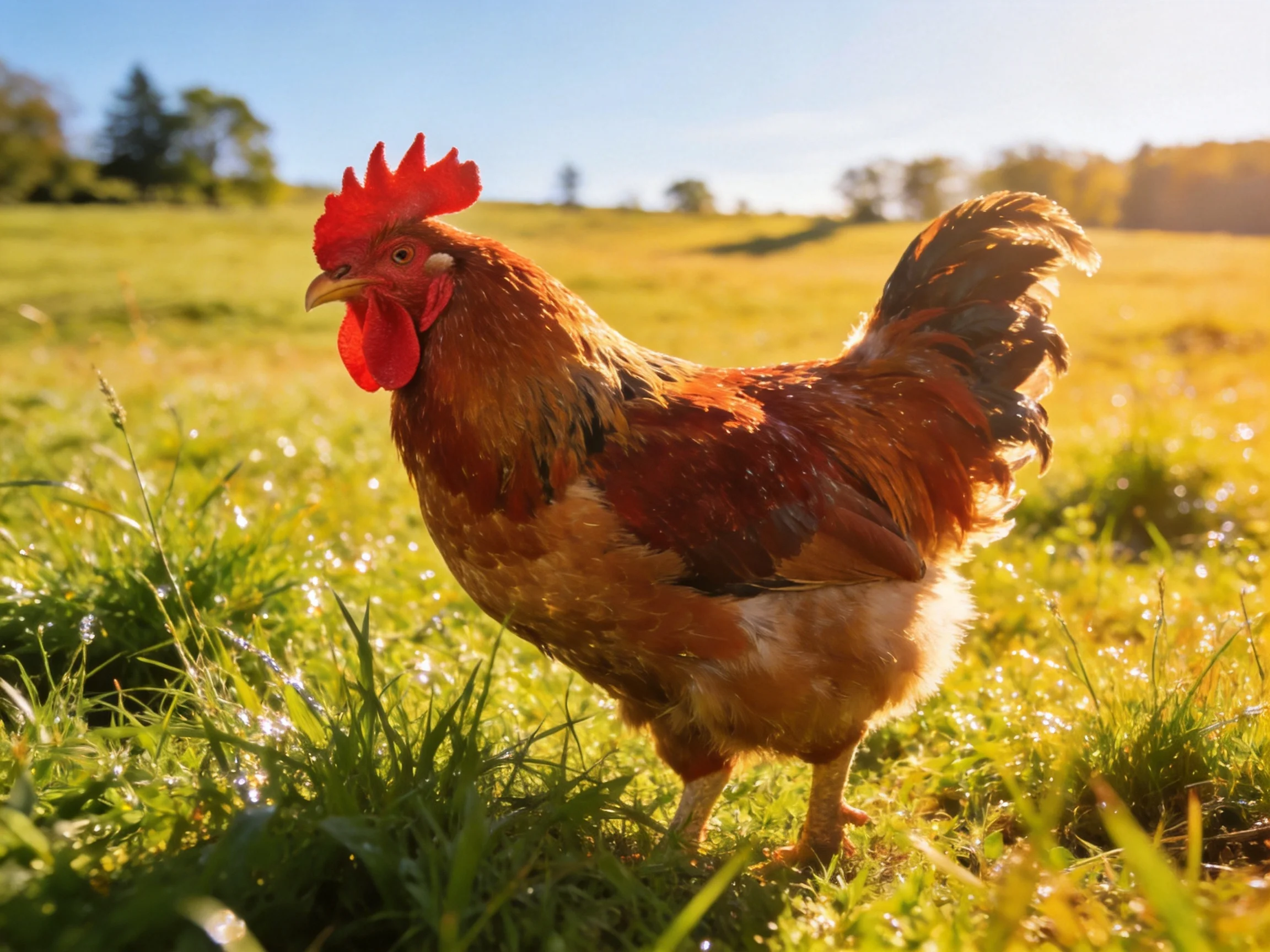A vibrant brown rooster stands in a sunlit green meadow